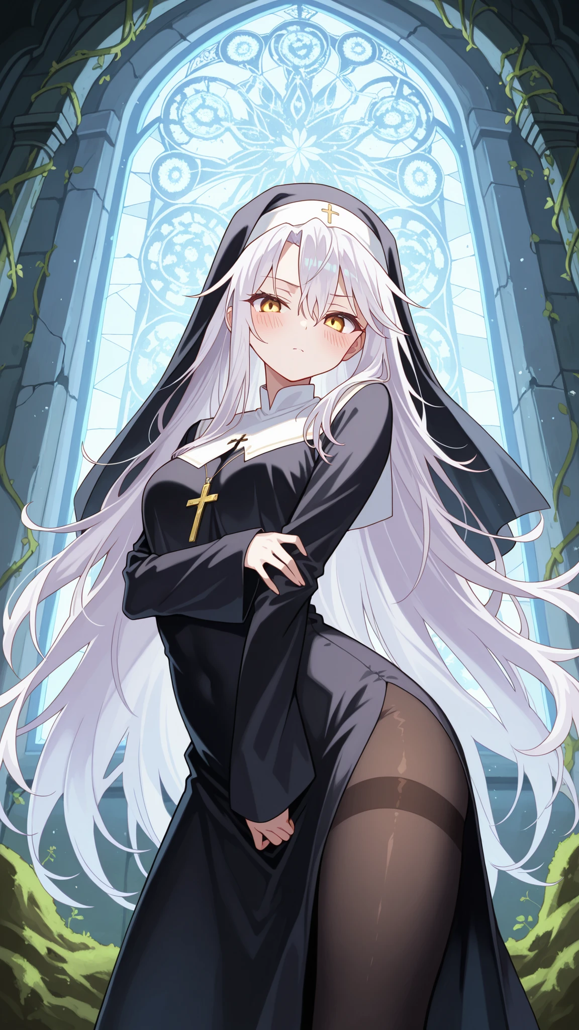BREAK (masterpiece:1.2), best quality, high resolution, unity 8k wallpaper, (illustration:0.8), (beautiful detailed eyes:1.6),vabandoned church interior overtaken by nature, no humans, moss-covered wooden pews, vines growing through cracked stone walls, shattered stained glass scattering colored light, ancient altar in decay, quiet forgotten ruin, nature reclaiming sacred space,blush, seductive expression,floating hair,shiro, long hair, hair between eyes, very long hair, white hair, messy hair, yellow eyes,nun uniform,black stockings,cleavege,сowboy shot,looking at viewer,serious face,seductive pose,standing in middle,arched back,from below,