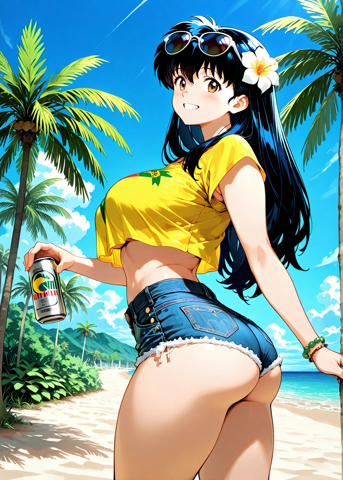 Ran Mohri, anime, gold and black enamel bikini, gold necklace, right hand gripping the handle of a beer mug and raising it up, left holding her hand on her waist, beach house in the background, smiling, opening her mouth lightly