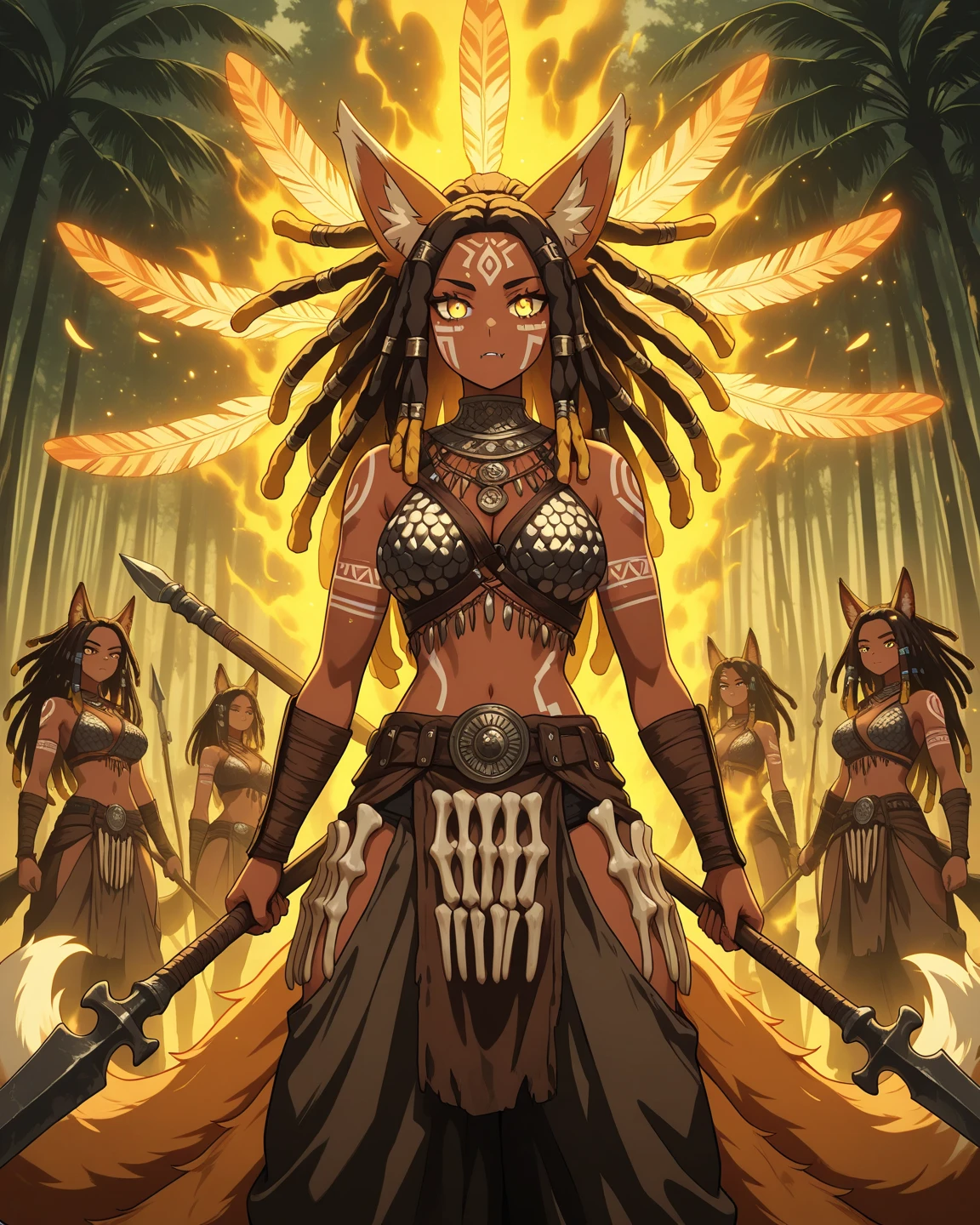 ((solo character, vibrant colors, masterpiece, best quality, full body, beautiful hands, sexy pose, arms above head, hands behind head, arched back)), slim anime girl standing on grass at sunset, ((forest background)), dark lighting, bones, blood, black hair, ((black hair, long and messy hair, long and messy bangs, red eyes, black skin, red horns)), black skin, open mouth, sharp teeth, angry expression, tusks, fangs, medium breasts, ((brown shawl, brown robe, long transparent sleeves over hands, exposed stomach, silver bellybutton piercing with jewels, orange pants)), torn clothing, wet skin, water on skin, multiple silver bracelets with jewels, multiple silver earrings with jewels, multiple silver hair ornaments with jewels, brown boots, ((silver bra with jewels))