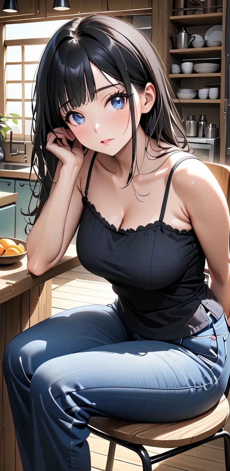 （hoang lap，hight resolution，Hyper-detailing，nffsw），tmasterpiece，best qualtiy，1girll ，Handsome，cabelos preto e longos，A detailed face，A dark-haired、Blouses with ruffles、cafe terrace，date、denim pant、full body Esbian、Dimples、，Glorious glitter、Self-shot，lightsmile，（teal eyes）