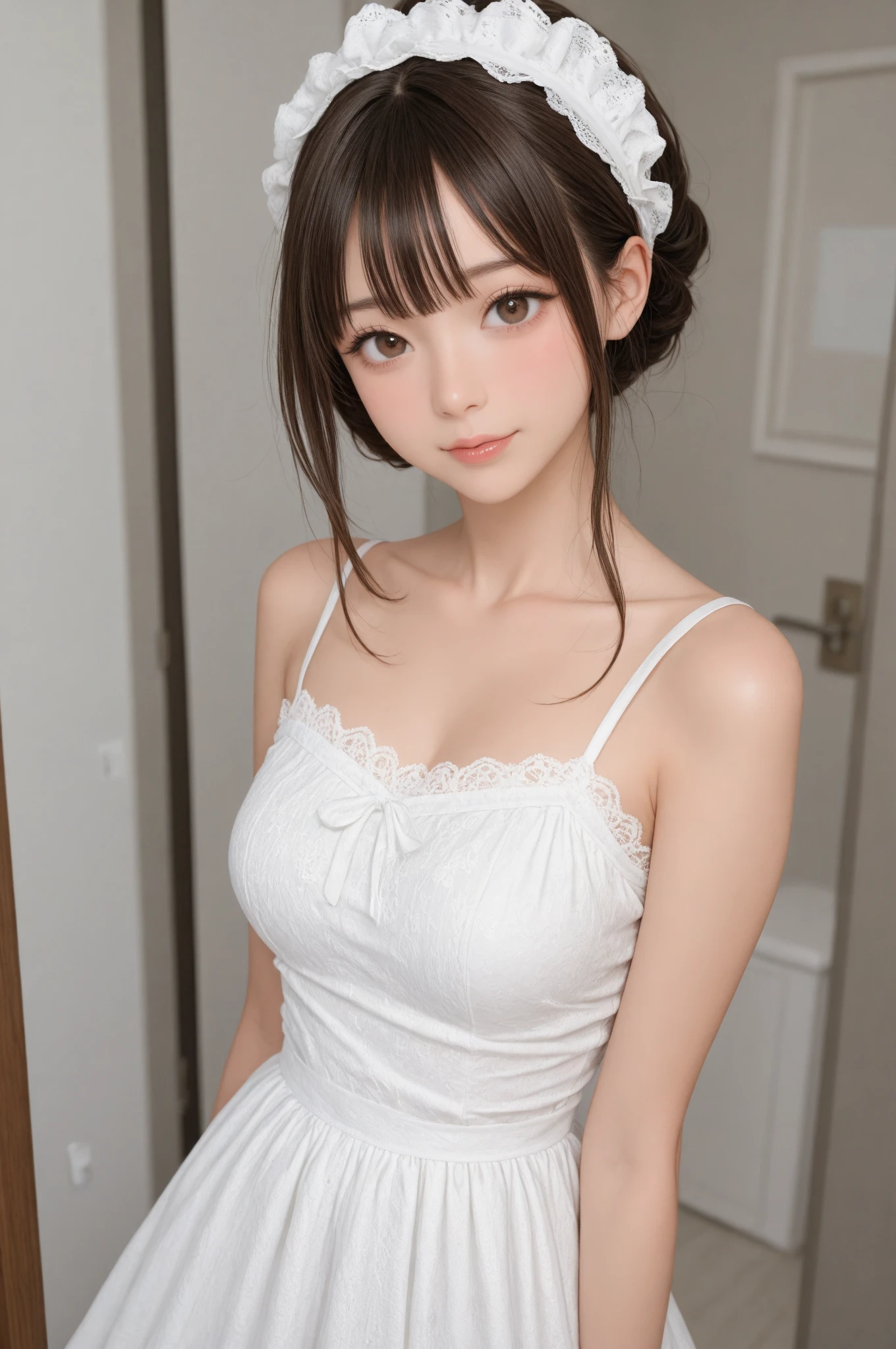 8K, of the highest quality, masutepiece:1.2), (Realistic, Photorealsitic:1.37), of the highest quality, masutepiece, Beautiful young woman, Pensive expression,、A charming、and an inviting look, Cute Maid Clothes, Hair tied back, Cinematic background, Light skin tone