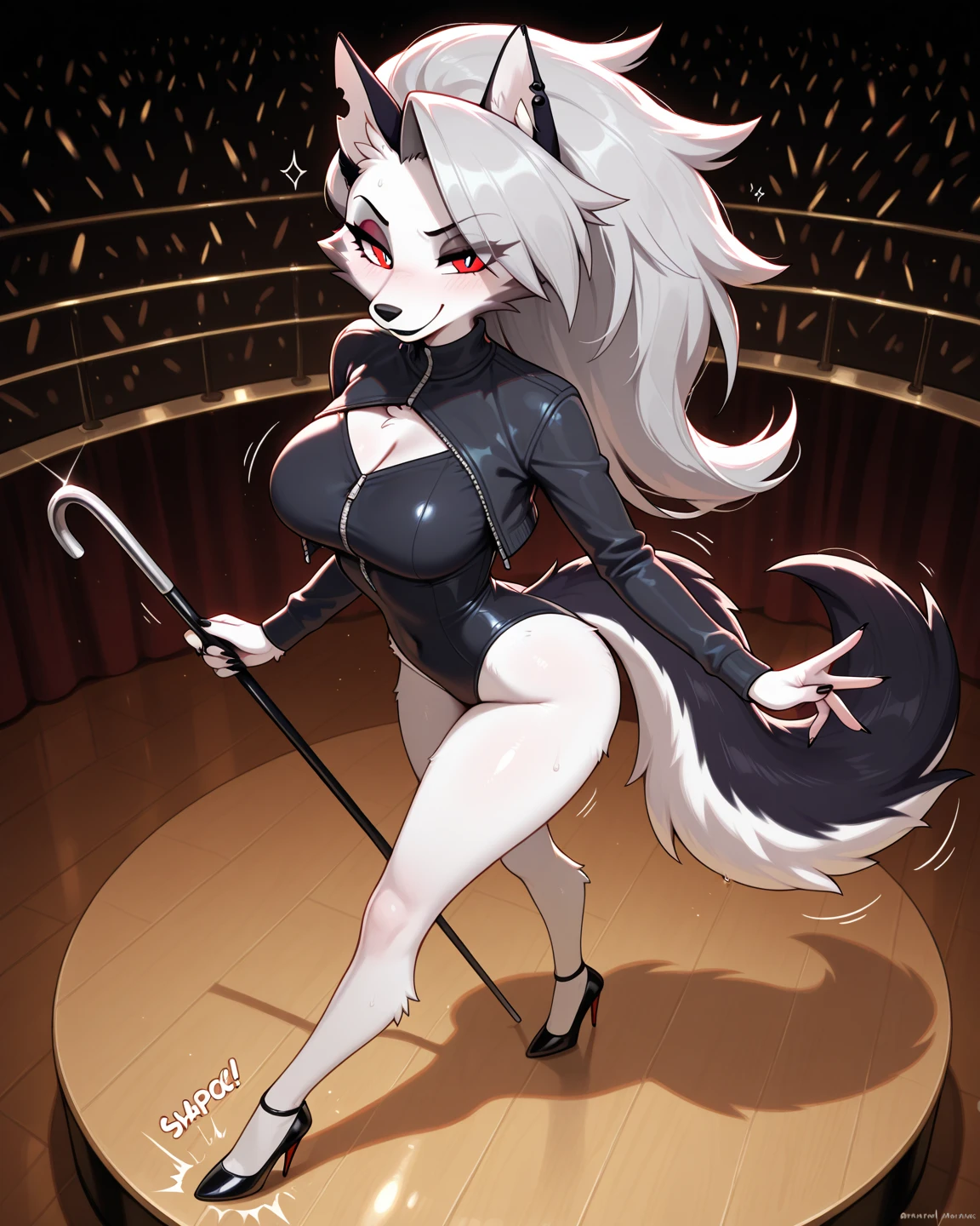 best quality, best resolution, (fluffy anthro furry), arctic fox girl, silver hair, blue eyes, (white fur), long straight hair, fox ears, big breast, sophisticated manner, (black strapless leotard, hairband with rabbit ears, bowtie, cuffs, fishnet stockings), night club, embarrassed 