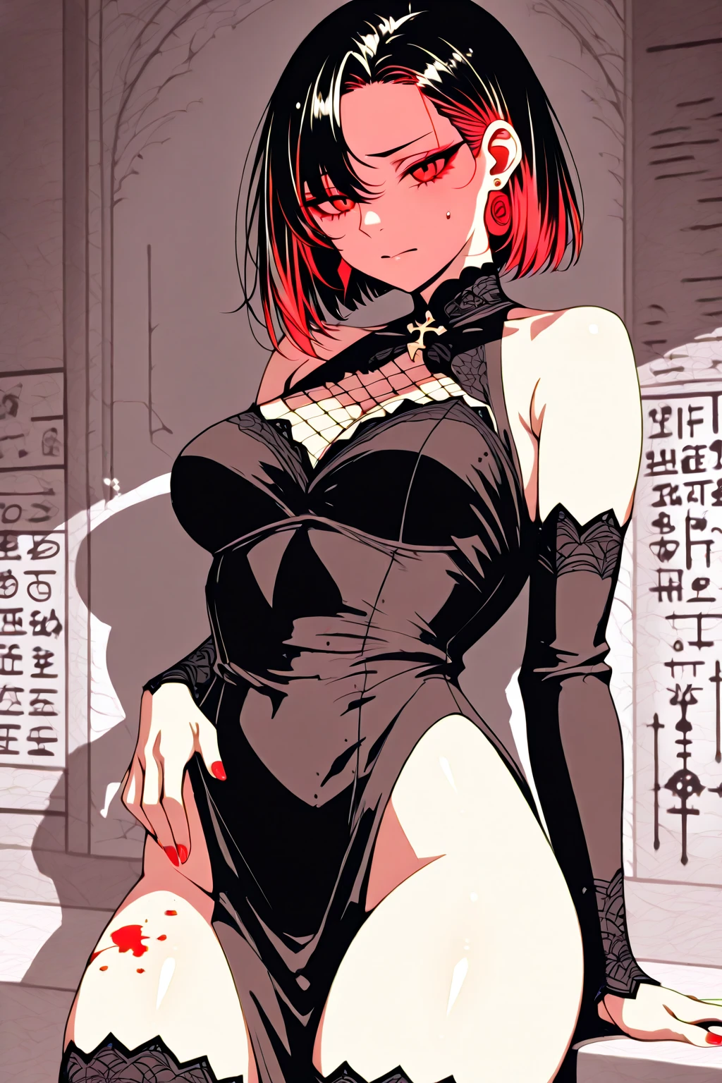 absurdres, RAW photo, extremely delicate and beautiful, masterpiece, Best Quality, ultra high resolution, 32k, hyperrealistic, ultra-detailed, perfect ???????, anatomically correct, perfect figure, Perfect Style, Perfect balance, super Detailed skin, in her 30s, very Slim body, narrow waist, very small head, very small face, delicate facial features, handsome detailed woman, very detailed eyes and face, realistic face proportions, Realistic beautiful face, Realistic beautiful eyes, tearful mole, earring, very huge round tits, full body shot, bare legs, medium hair, indoor, a dark mysterious black market trader, trending trenchcoat, 