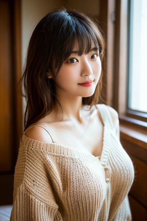 Full body portrait、8K, masterpiece, Raw photo, Highest quality, photoGenuineistic, 高解像度 CG Unity 8K 壁紙, Depth of written boundary, Cinematic Light, Lens flare, Ray Tracing, (Very beautiful face, Beautiful Lips), Beautiful Eyes ), Faces with intricate details, ((Ultra-dense skin)) 1 girl, Angle from the side, smile, Black Back, Black Shadow, Wearing a very thin knit sweater (Saggy breasts、（）), Middle-aged chest, (D Cup),  Skirt,Thick black pantyhose (Genuine), Brown Hair, (Black Eye 1.1), Genuineistic face, Sit on a bench, Unprotected lower body, Dramatic lighting, design: The cutest idol in Japan! ! !The whole body is visible！！！！！
