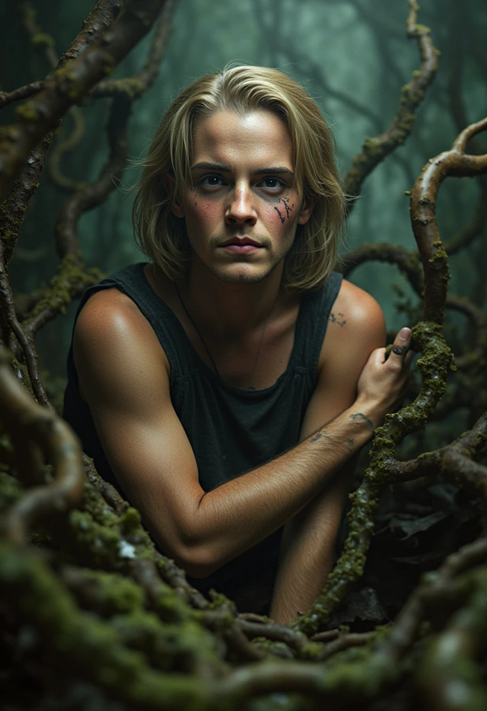 blonde man with shiny amber eyes with a cheetah skin pattern on his arms and skin, standing in a forest at night.