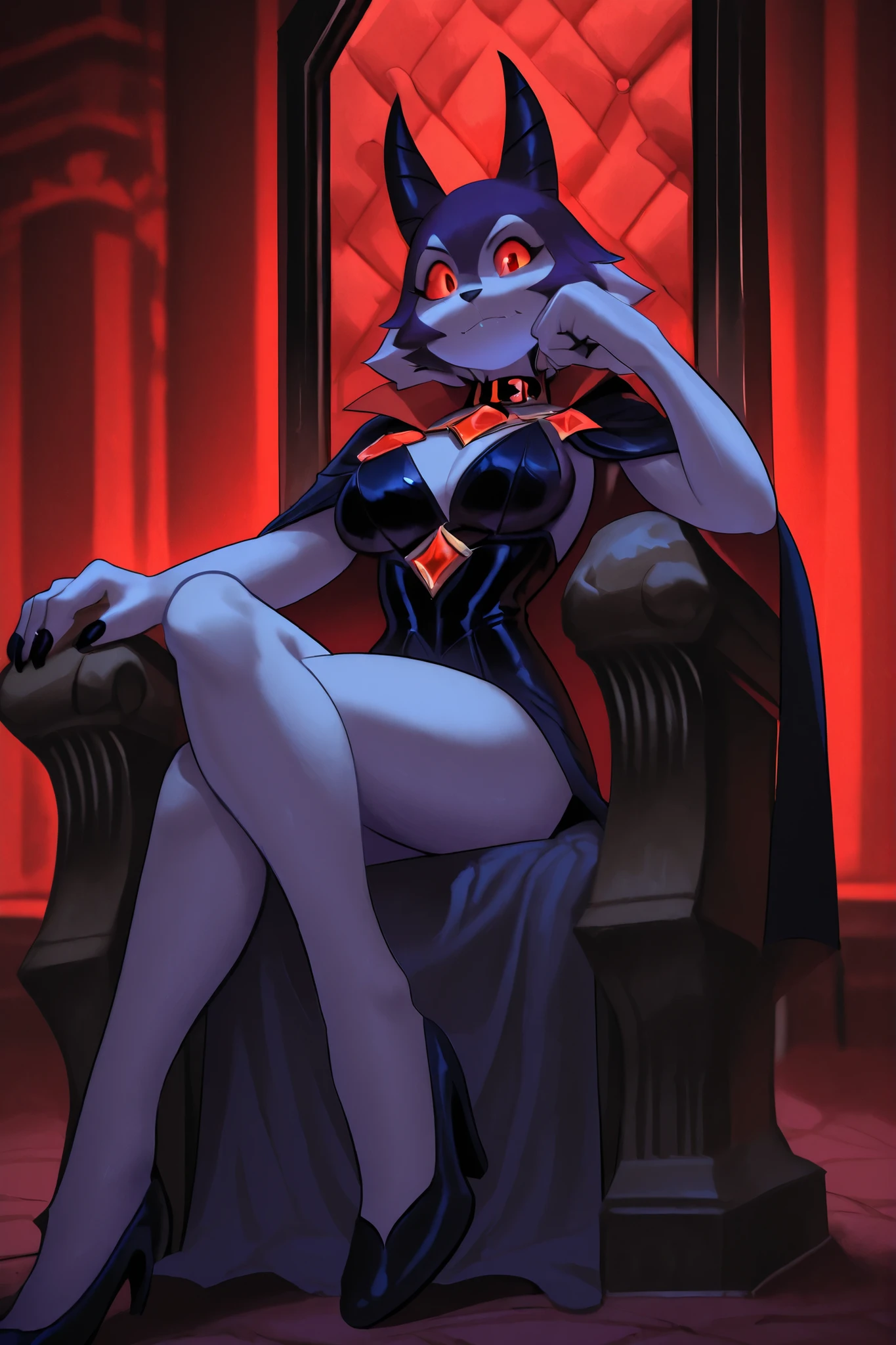 best quality, solo, 1 girl, big taller, owl face, Eyelashes in the eyes, (no visible irises), (scarlet sclera), (two pairs of almond-shaped red eyes, one set atop the other), big long owl tail, (ars goetia), evil expression, ruthless smile, owl female, furry female, (long white hair) and (pink gradient), wearing (princess dress), anthropomorphic, very really gigantic breasts and big butt, inside a castle, (very detailed), sitting, (in throne), ((Helluva boss))