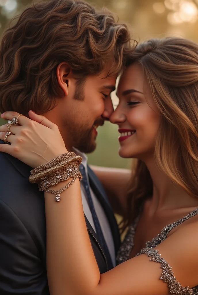 High detail RAW color, (full body Photo) of an attractive couple, ginger blonde hair, blue eyes, beautiful face, excited expression, hugging her husband, realistic, symmetrical, highly detailed, harsh lighting, cinematic lighting, serious eyes, contrast, textured skin, cold skin pores, hasselblad, 45 degree, hard light, gigapixel, pimples, 85mm, F/4 --auto --s2