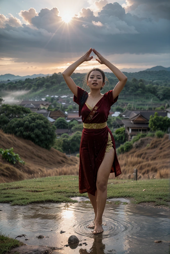 professional portrait photography of a baby dressed in cute Javanese traditional clothes, with a cute face, a whirlpool with a transparent spiral dragon shape coming out while he is practicing karate in a wet temple yard, side kicks and screams, in aggressive dynamic movements, worm's eye view, taken with a prosumer camera, bokeh background