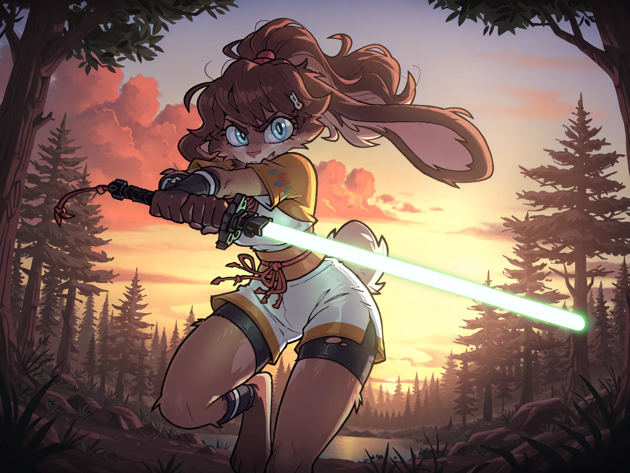 masterpiece, best quality, amazing quality, very aesthetic, high resolution, ultra-detailed, absurdres, newest, scenery, 1girl, rabbit, furry female, blue eyes, looking at the viewer, tail, medium breasts, thighs, hips, female focus, contrast lighting, side lighting, masterpiece, best quality, newest, absurdres, highres, amazing quality, very aesthetic, forest setting, cute eyes, no lineart, cinematic, dynamic angle, solo, sunset, ambient lighting, long hair, brown hair, ponytail, svlop, hair ornaments, body fur, obi, shorts, bike shorts under shorts, solo, holding a green lightsaber, dynamic pose, sword fighting, torn clothes, vanripper