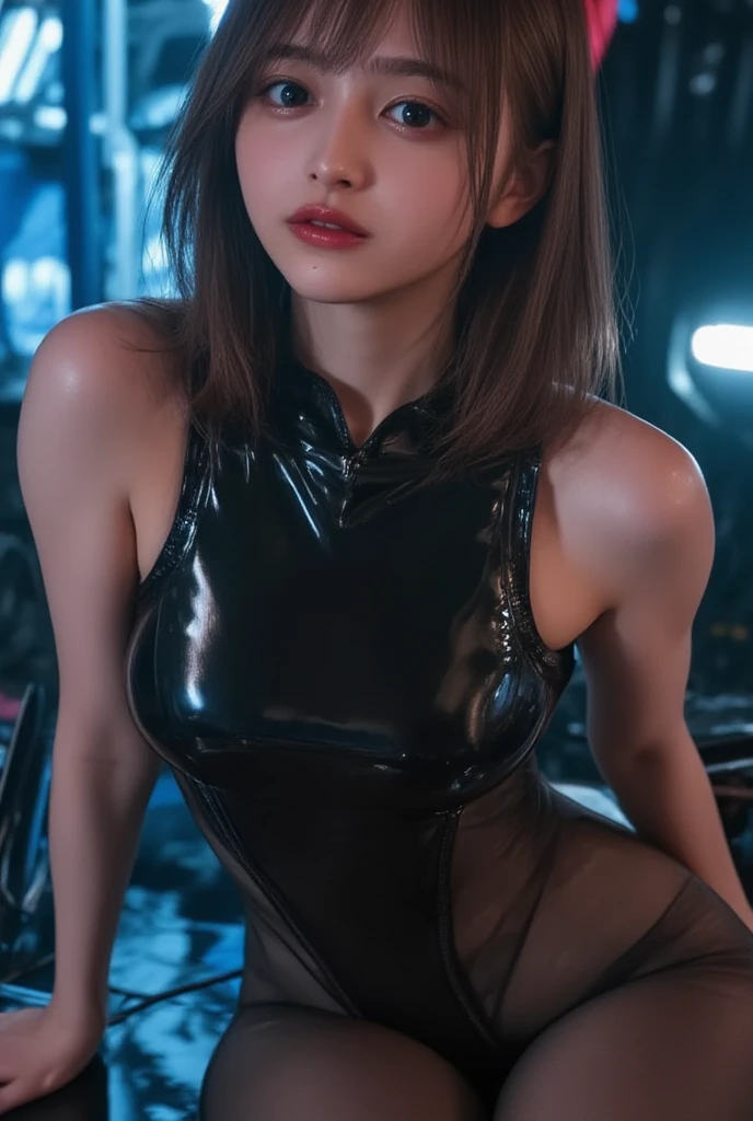 1girl, NSFW, lying on your back, lying on the ground, realistic face, lying in a box stuffed with garbage, wearing a black competition swimsuit, high neck, Kusanagi Motoko hair, Mikasa hair, tactical gear, tactical holster, a female agent, black fingerless gloves, wetsuit, diving boots, short black hair, restrained in an iron cage in a garbage heap, crying, screaming, bazaar, agao, silly, rape face,,, squirting,