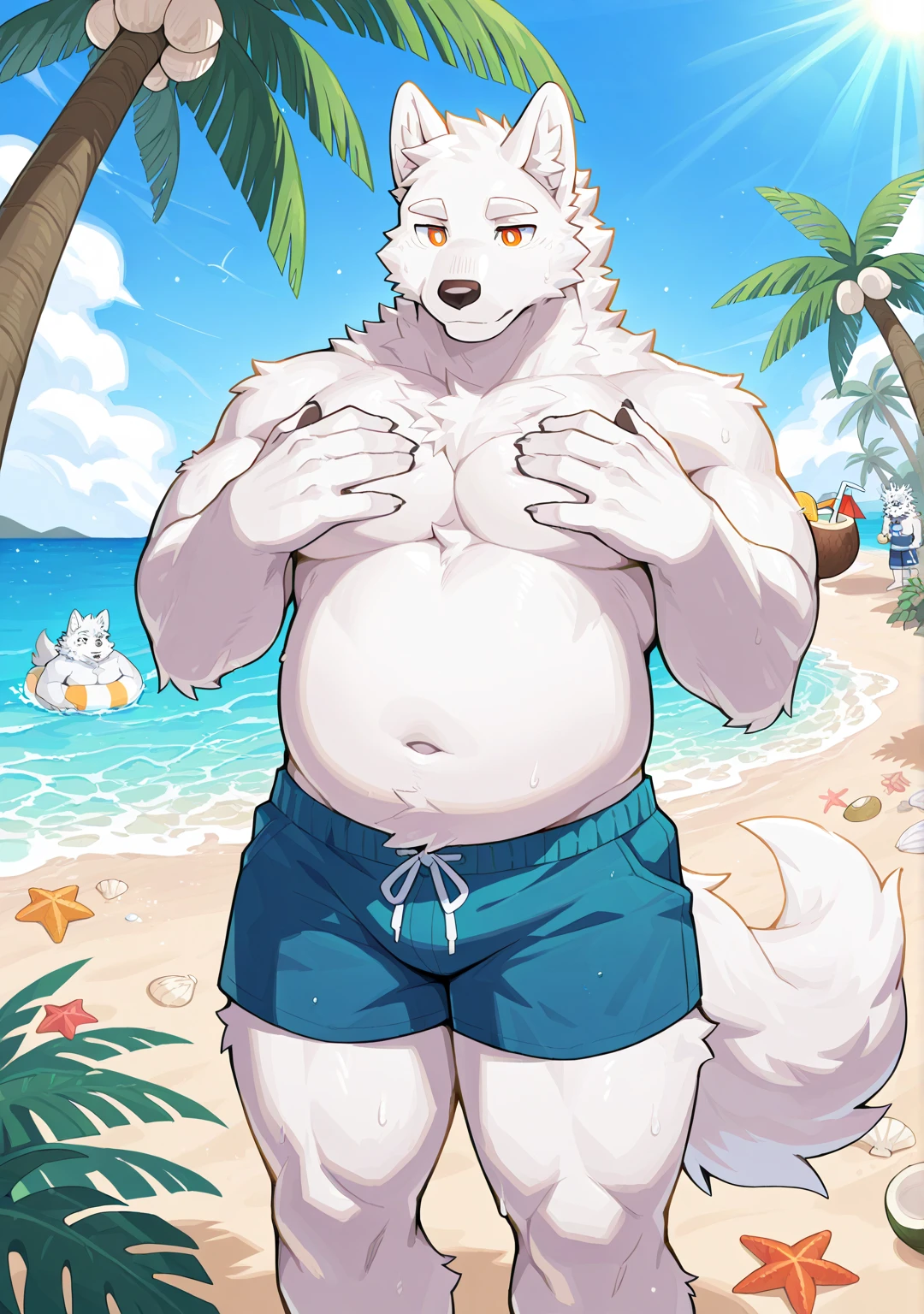 Solo,  score_9,score_8_up,score_7_up, source_cartoon, source_furry, an Anthro furry brown wolf male, shaggy black hair, brown eyes, black nose, big belly, chubby, musclegut, overweight, black glasses, sitting on a beach chair, at a public pool, public swimming pool background, outdoors, looking miserable, sad face, mouth open, dehydrated, sunburnt, sweating, shriveled body, wearing black swimming trunks, shirtless, leaning back, head leaning back, acting like he’s dying, tongue out hanging to the side