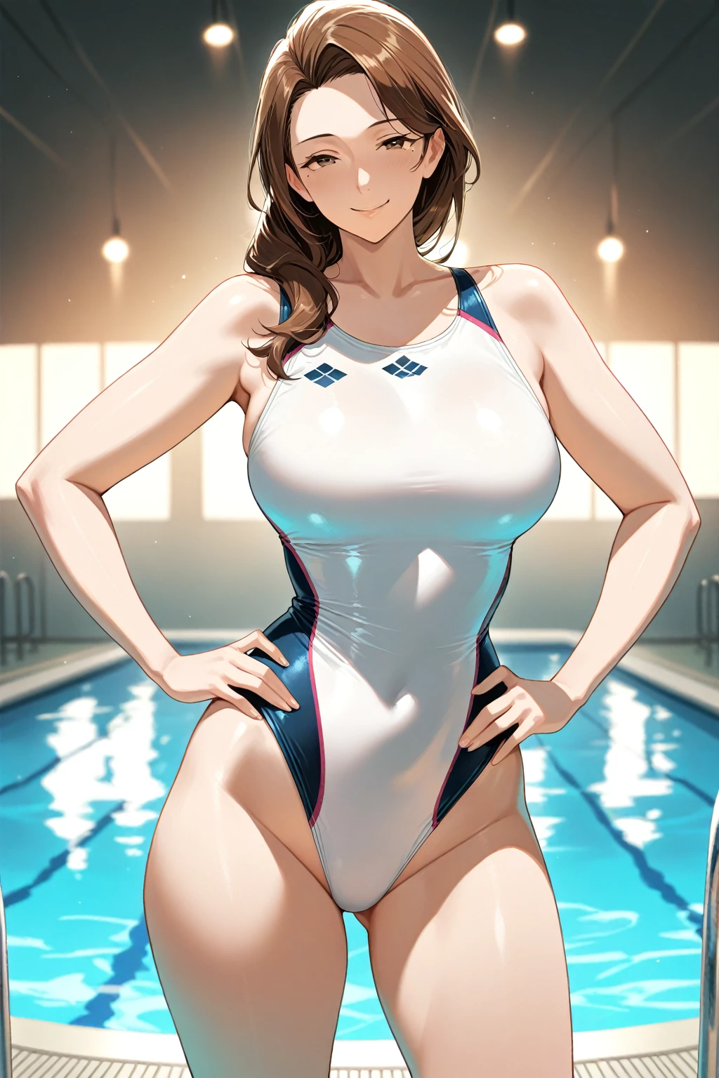 A boyish, short-haired, busty, beautiful-legged woman is standing by the pool in a competitive swimsuit.。Angle from behind。A middle-aged man stands facing the camera at a beautiful woman。