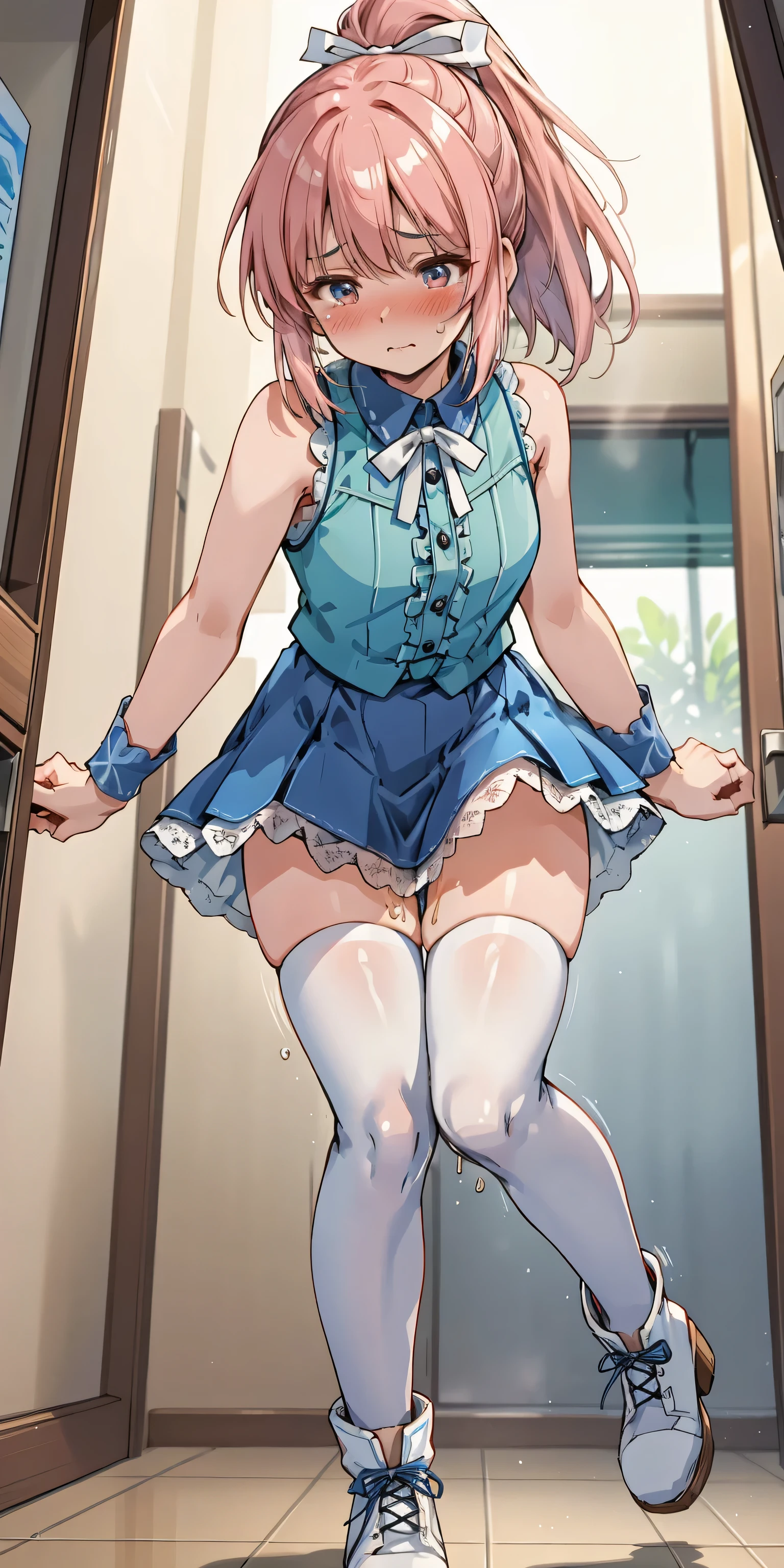 (masterpiece, Highest quality:1.2), One girl, alone,Are standing_Split, Watanabe You, Long Hair,black sleeveless short vest,Blue Skirt,black