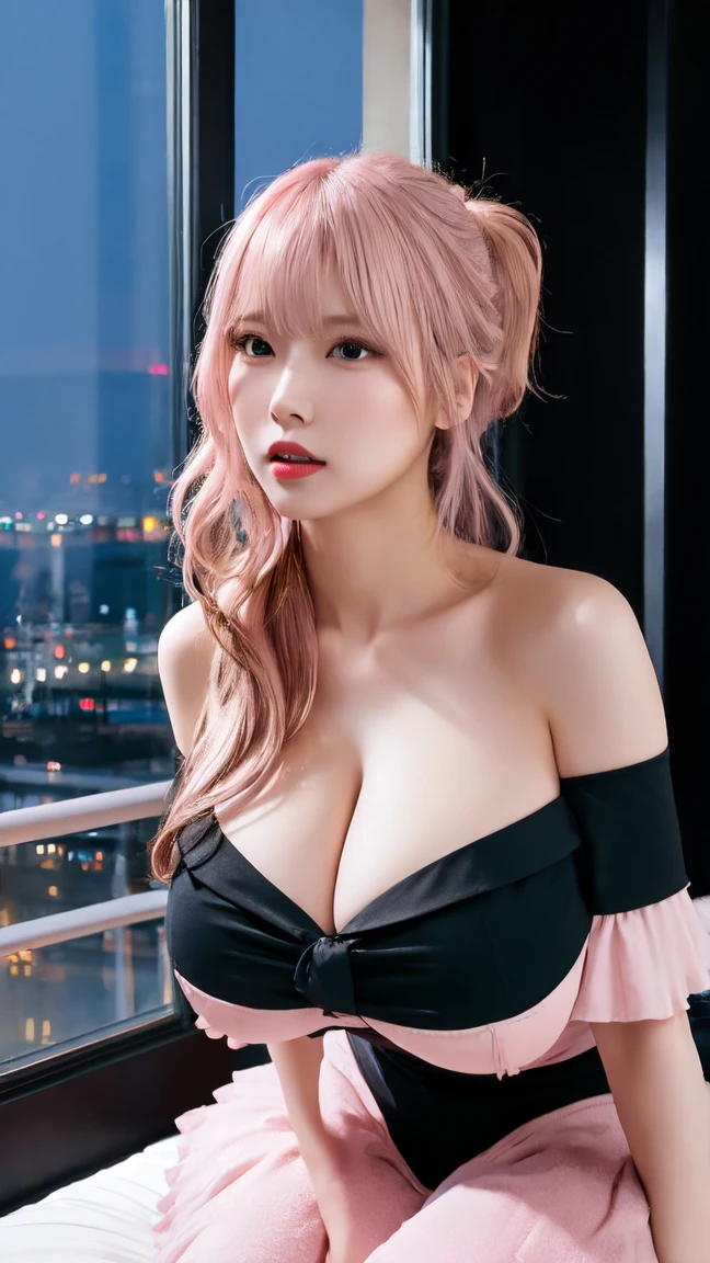(8k, RAW photo, best quality, masterpiece:1.2), (realistic:1.3), (photorealistic:1.3), ultra-detailed, (high detailed skin:1.2), 8k uhd, dslr, soft lighting, high quality, film grain, Fujifilm XT3, best quality, beautiful lighting, 1girl, long hair, side_swept_hair, ((pink hair)), pink eyes, normal ears, smug, full body, medium breasts, exposed cleavage, outdoor, city, posing, night, thick thighs, nice legs, beautiful legs, shiny legs, teasing with legs, mini black leather skirt, white shirt, open shirt, business woman, white shirt, tie