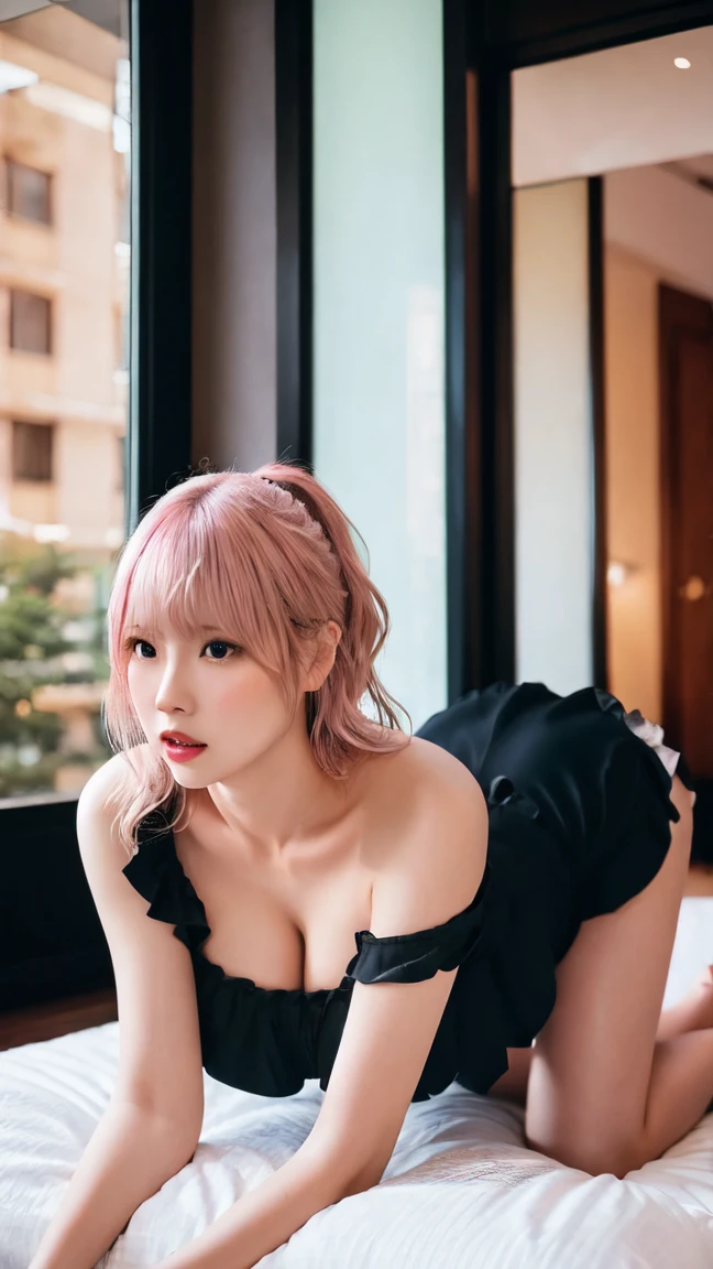sexy woman, big breasts, slim, pink hair, long legs, full body can be seen, full body, feet can be seen, pink heels, at night, black dress, lifting the dress, with her panties up the knees