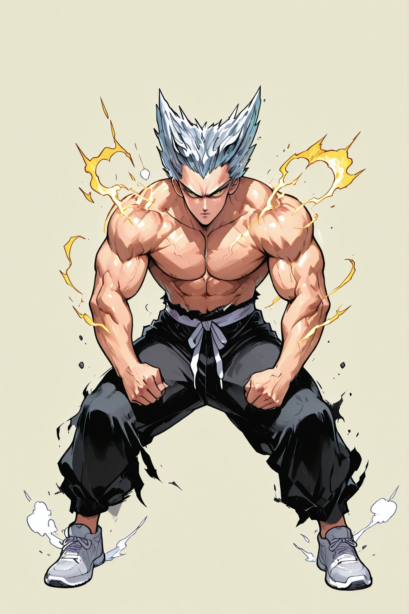 One Punch Man [Garou] illustration,Silver Hair,Silver eyebrows,yellow eyes,full body,Original Style, guy,adult, clean background ,adult,Created based on a lean muscular body,Powerful posture