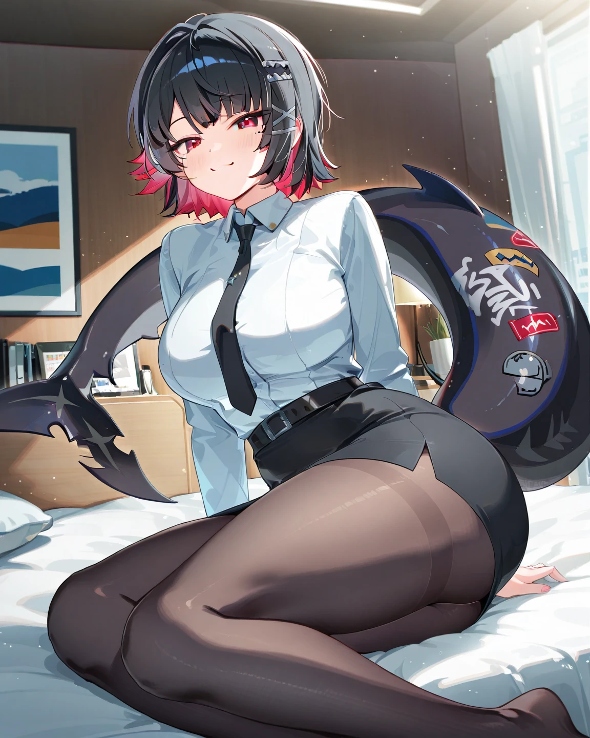 Masterpiece, high quality, High Definition, definition face, a woman, disgusted face, blushing, turning to the viewer, black hair, short with braid, (Marnie from pokemon) with a black shirt, background room, and lying in a blue bed, resting, lying on your belly, lying face down, big butt, whole body, bare legs, Stretched legs, Stretched legs, black panties, bare feet, soles, view from behind