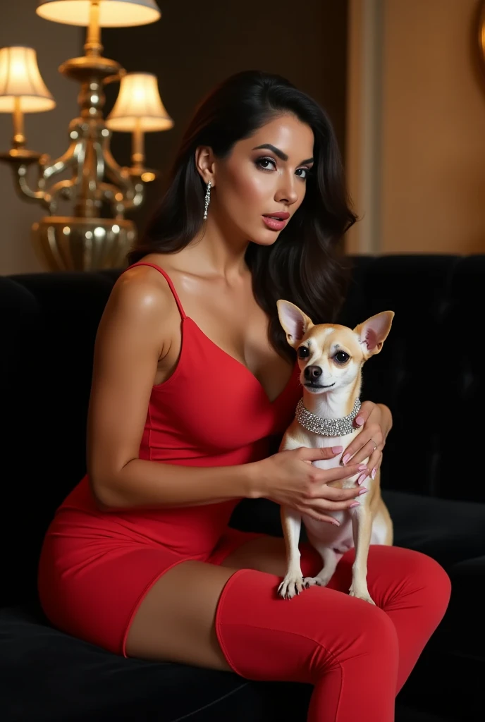 Hi, i want a woman with green eyes and very long brown hair, she has vintage sparkly clothes, she has tarot cards in her hands, a Brown chihuahua and a white cat with blue eyes, she looks sweet and funny and smart. She is 40 years old. She has tarot cards in her hands. The dog and cat are next to her. 