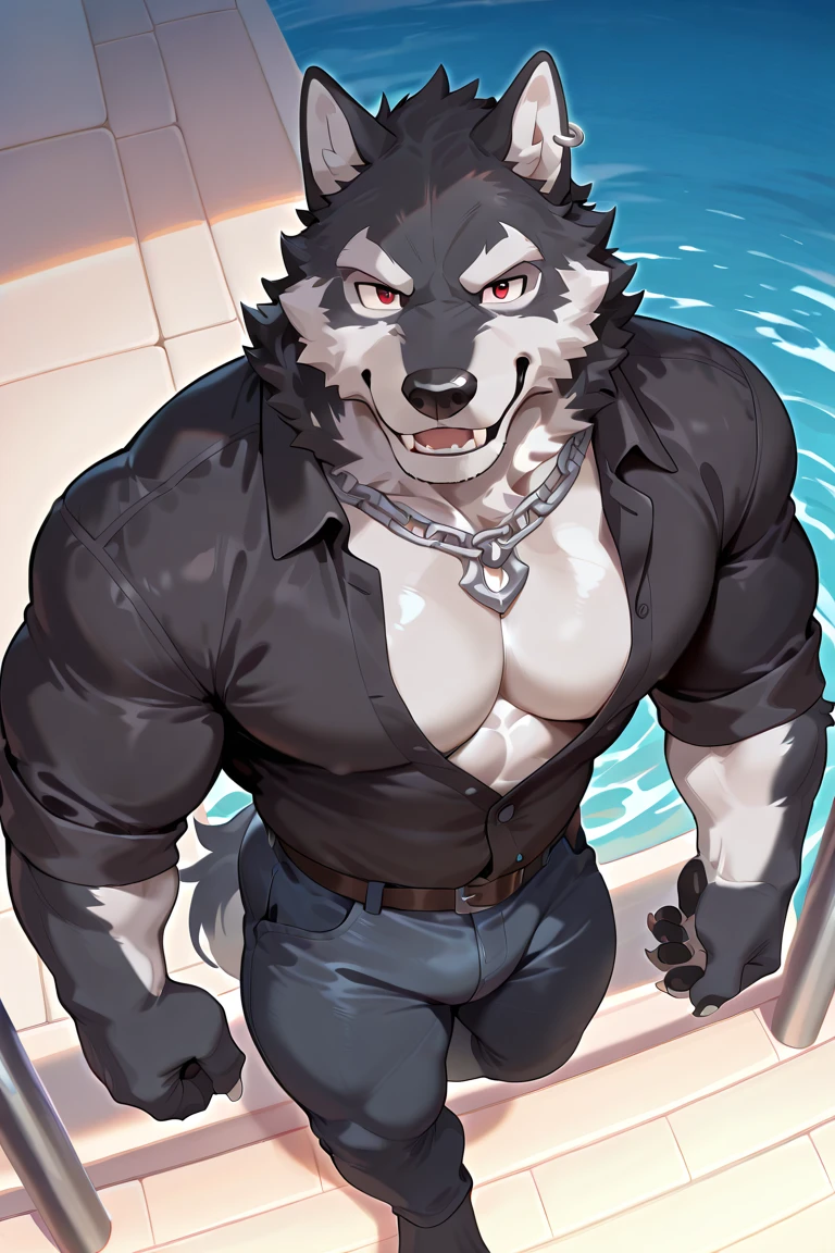 Scribble 德国牧羊dog face,Cute face,human nature(dog),(Topless:1.3),muscular,(White eyebrows:1.1),(White lingerie),(Perfect black eyes),（artist:Takemoto Arashi）,(Bulging buttocks),Bath center scene，crystal necklace