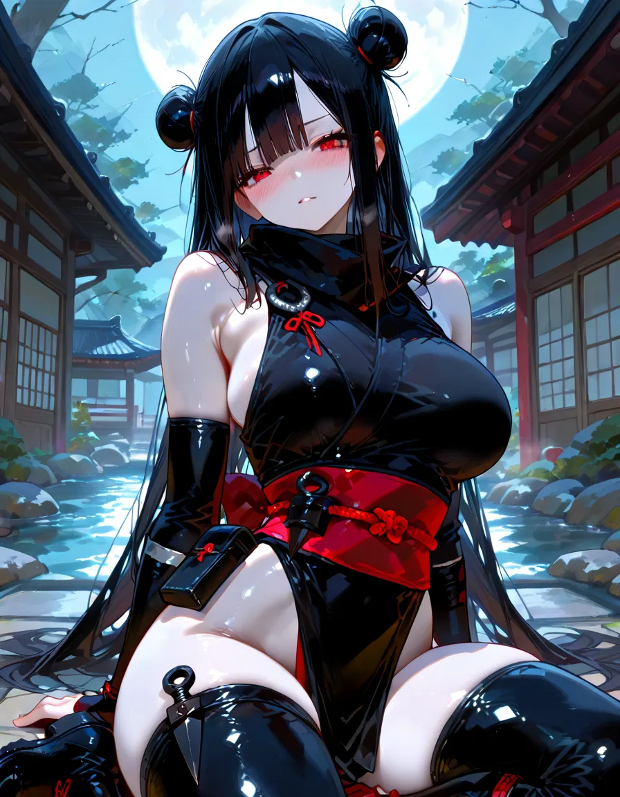 1 girl、Detailed facial details，Cat ear，Black long hair,Red lips，Slim，Wearing a white cheongsam，Silk garter stockings，Large Breasts，Charming red eyes，Handcuffs，Collar，Radiant Skin，Sitting in the water，river，forest