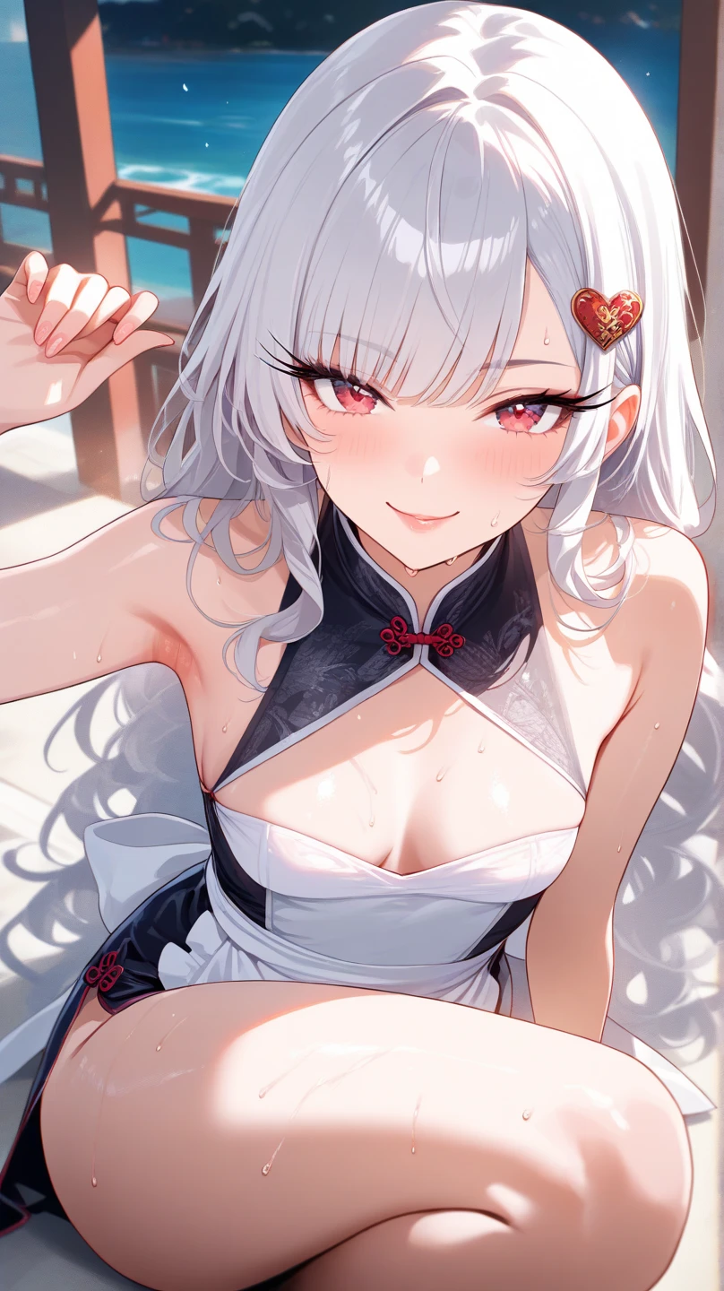 Silver Hair、Red Eye、Fox girl、Fox ears、girl、Small breasts、ponytail、girl、Small breasts、Bright smile、Looks about 15 years old、Petan Musume、He is short、Sexy Lingerie、Eye highlights、Showing armpits