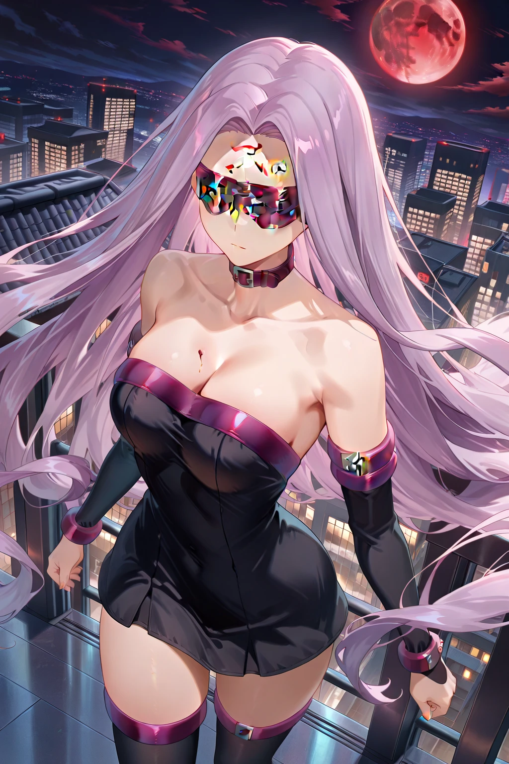 1girl, pink hair,(blindfold:1.5),dress,breasts, long hair, solo, medusa (fate), cleavage, large breasts, medusa (rider) (fate), facial mark, strapless, forehead mark, looking at viewer, purple hair, gloves, very long hair, dress, strapless dress, simple background, elbow gloves