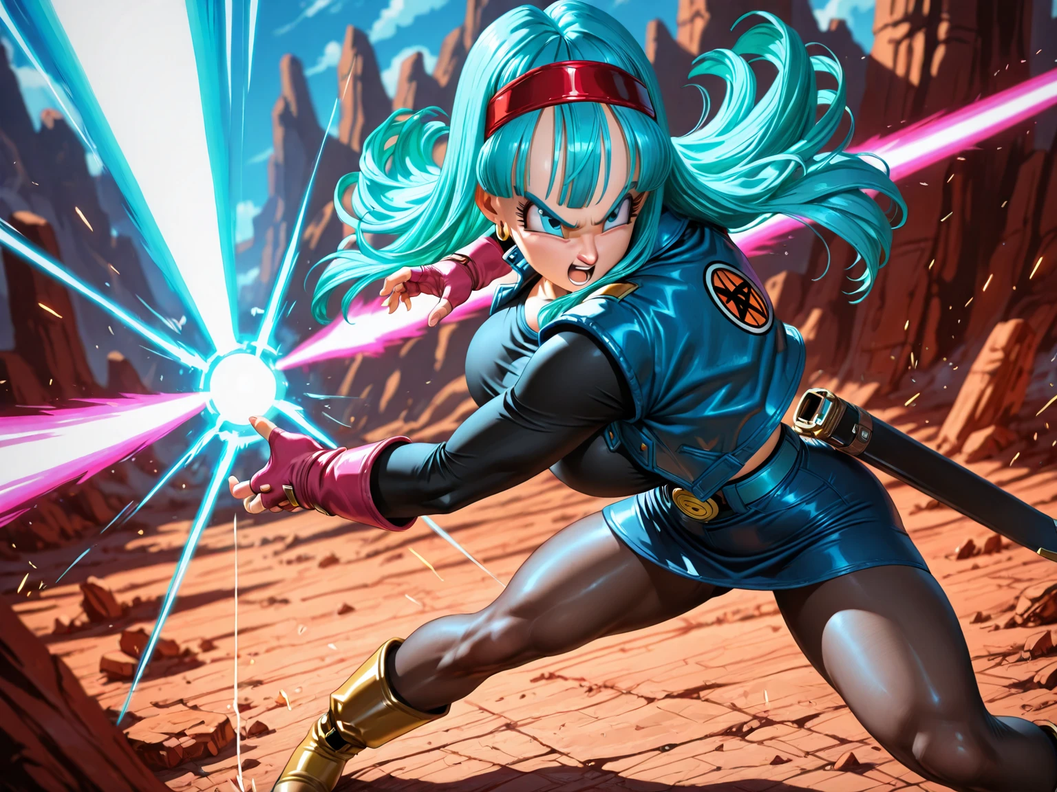 Saiyan, purple hair combed back, green eyes,slim, thin waist, wide hips, brown skin color, medium breasts, blue saiyan armor, goddess of destruction (dragon ball super),hakai, hakai power, super saiyan, purple rays