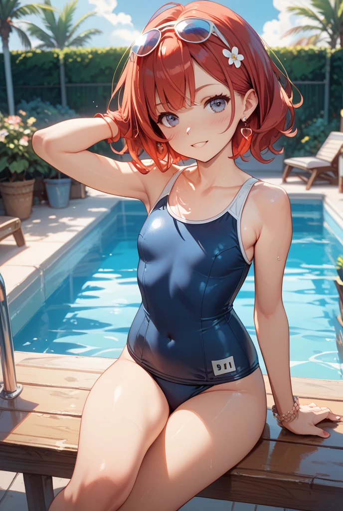 dscs-nokia, white swimsuit, red hair, short hair, short twintails, hair between eyes, hair ornament, blue eyes, medium breasts, collarbone, full body, solo, 1girl, outdoors <lora:dscs-nokia-000002:0.4>
