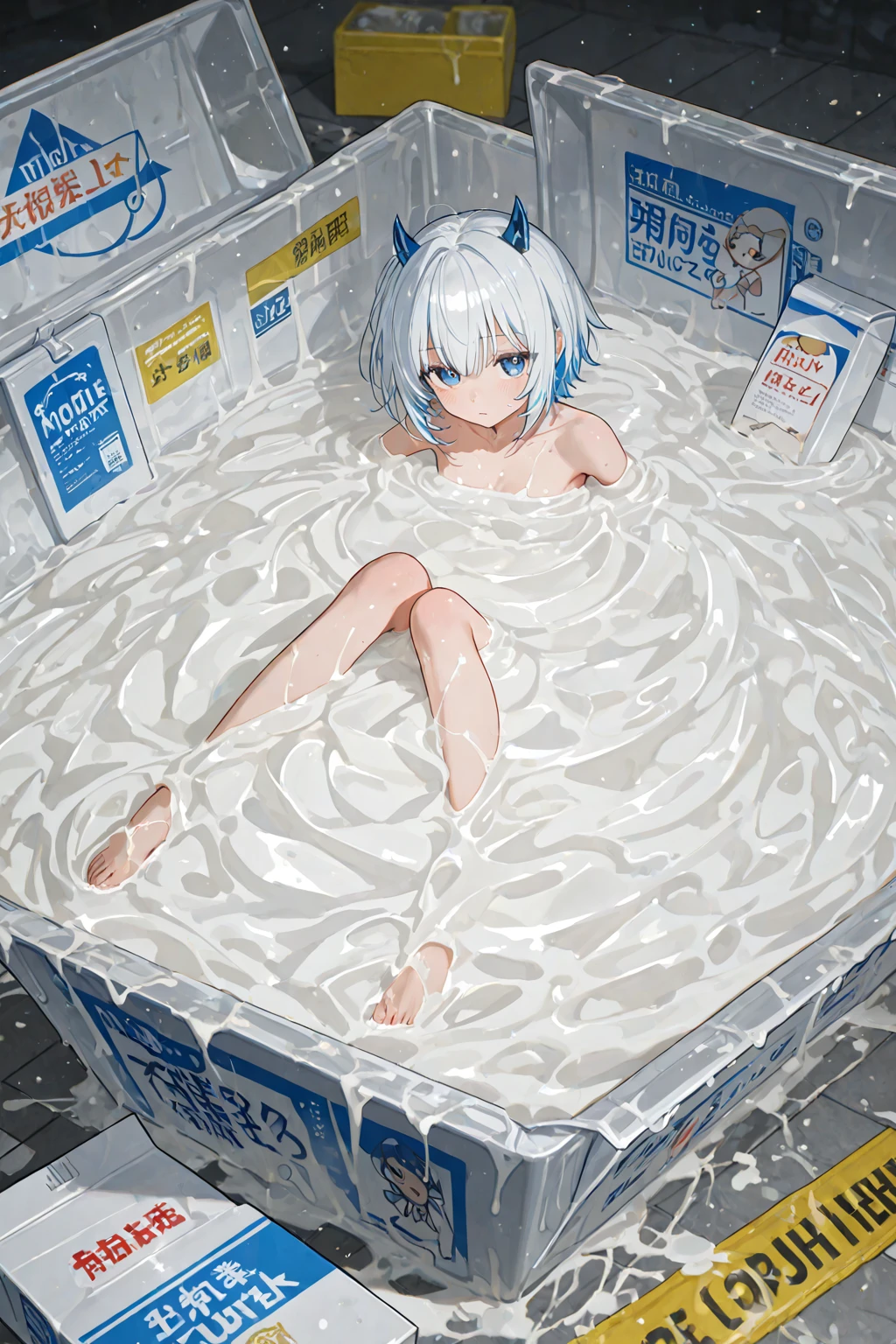 artwork, Attention to details, beautiful girl, normal skin, big breasts, long spiky silver hair and golden eyes, with uniform, White shirt, empty look, bare legs, white panties, breasts hitting glass, standing, whole body, barefoot, breasts rubbing the glass, trapped inside a transparent glass jar, waxed inside, inside the jar, whole body en el frasco, sentada inside the jar, barefoot, trapped in the jar.