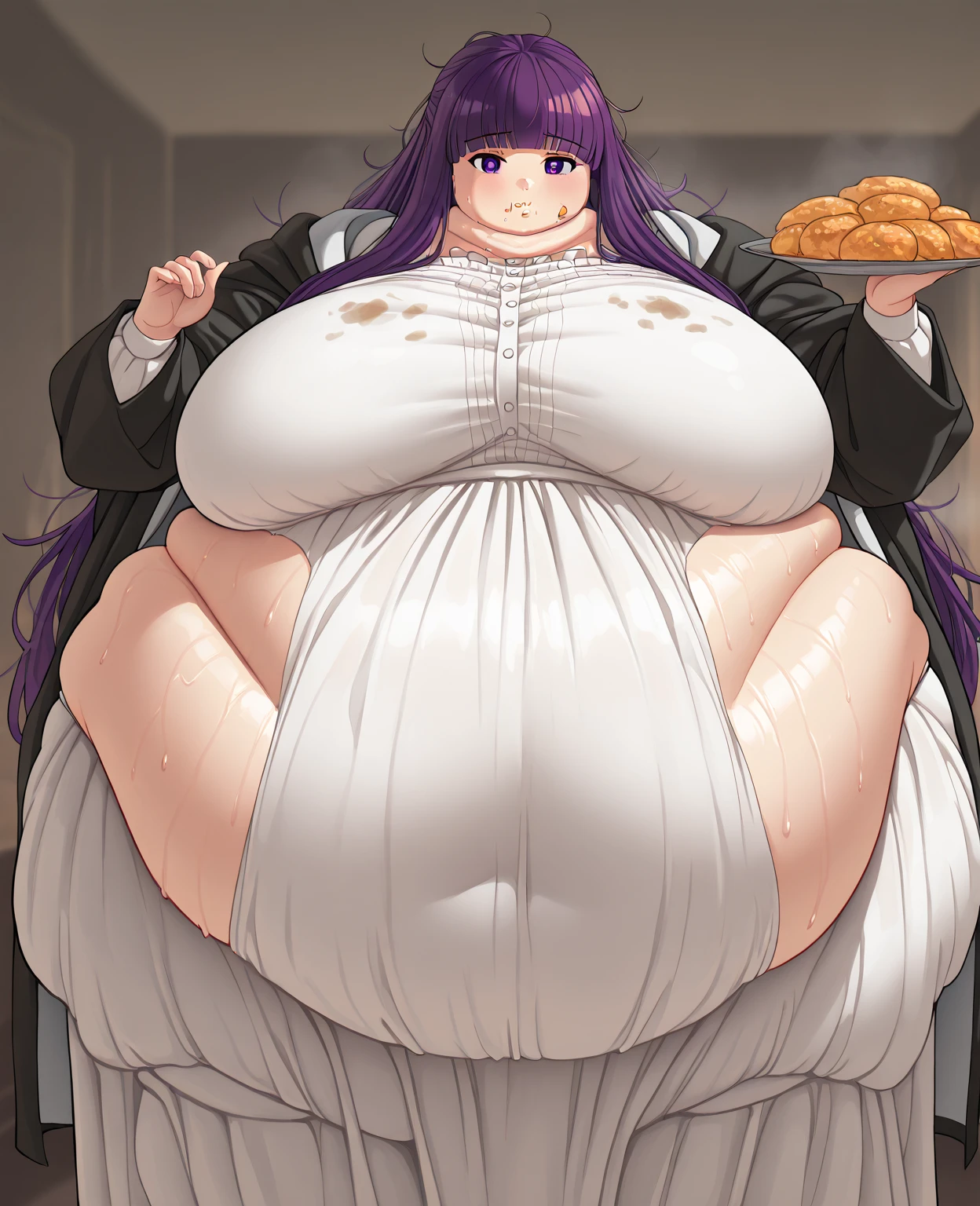 fat, big belly, chubby, osaragi, chubby, black lace dress, black veil, eating cream in a restaurant