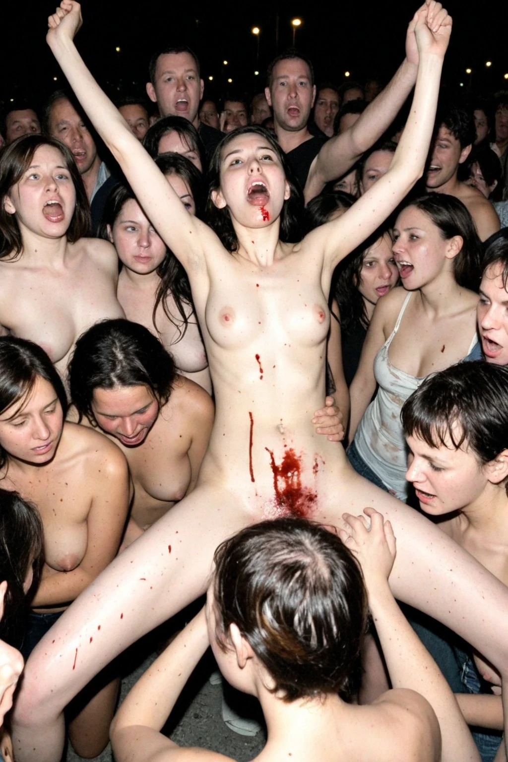 drawing, ((((((scared sex slave tied and gang raped in satanic ritual)))))), (((((Satanist cult))))), (((((gangbang))))), ((((SCARED)))), (((shibari))), ((((ave satani)))), (((((demons))))), (((hellish))), ((horror)), ((bloody)), magical realism, style of 
Beksiński