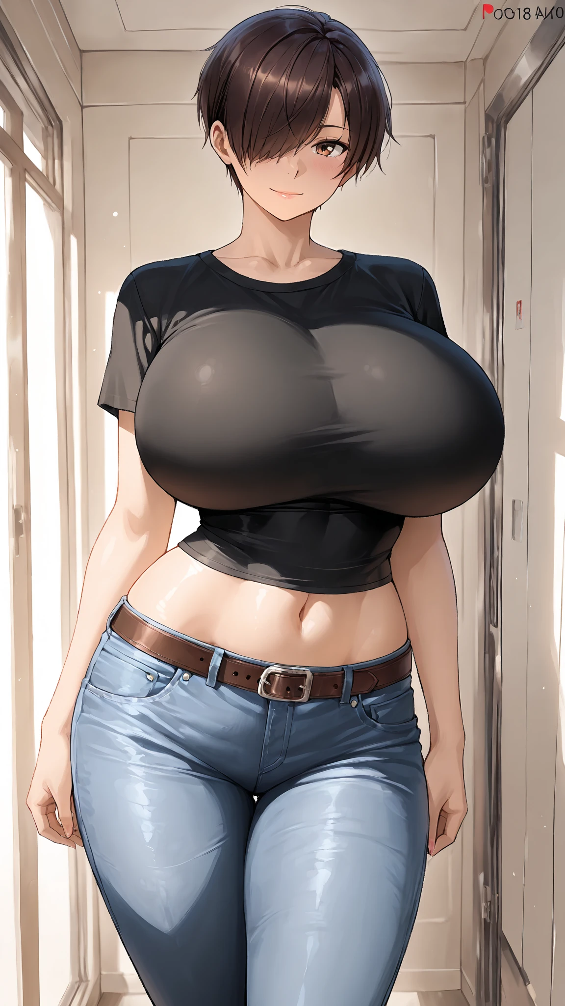 Very Kawaii, smile, lip lips, seductive smile, Solo, Slim, Large Breasts, Plain White T-shirt, Tight Shorts, Dynamic Angle, No Background, White Background, looking at viewer, darker shadows, (((absurdres))), (((thigh gap))), (((cameltoe))), (((sleeveless))),