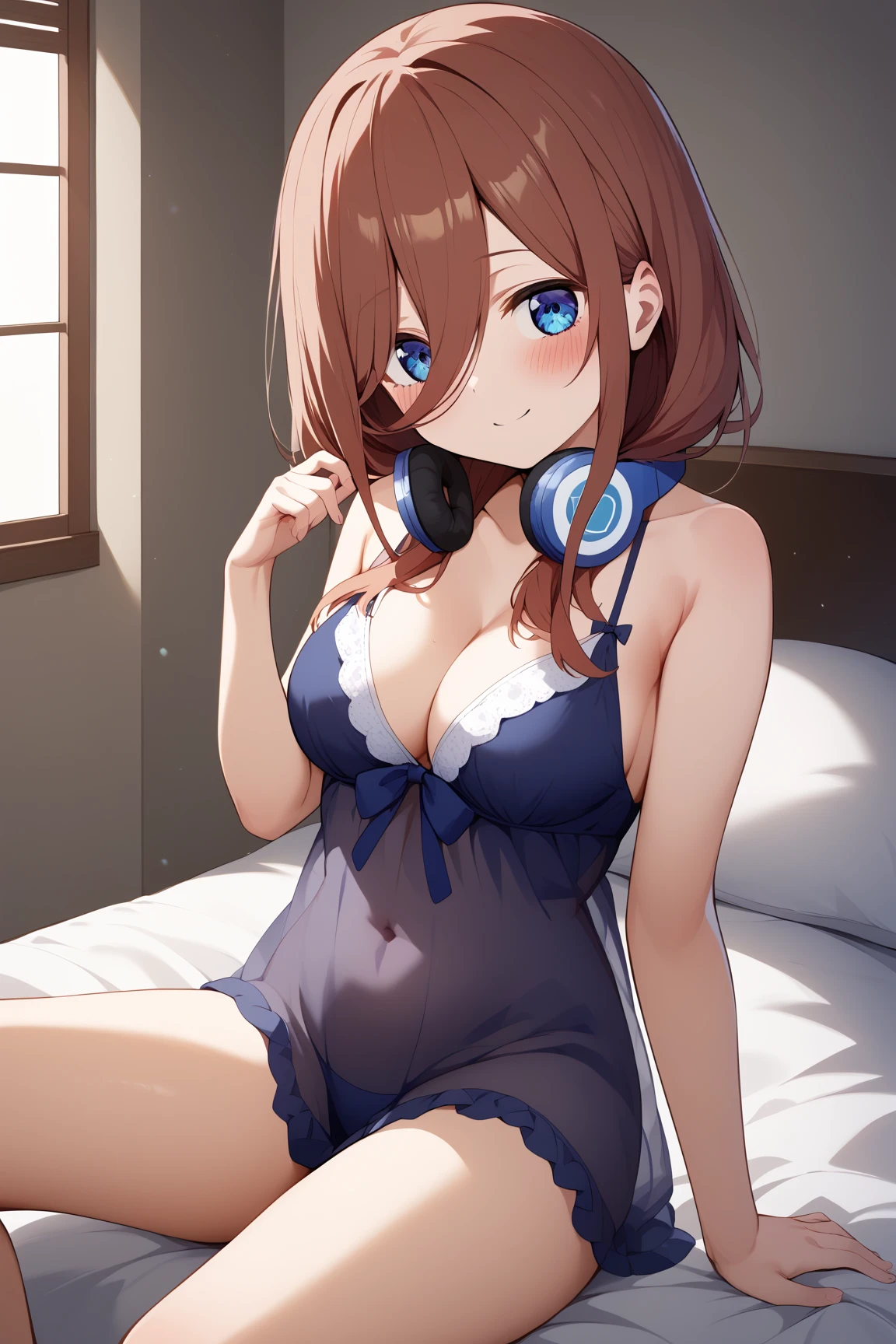 shy:1.2, bedrom, bed, perfect eyes:1.2, detailed eyes:1.4, blushing, ro1, long hair:1.2, hair bun, open clothes, open cardigan, off shoulder, long hair:1.4, panty, sexy, sitting, sitting on bed, bra, navel, visor cap, lingerie, underwear, indoors, cleavage, blue eyes, twintails, cowboy shot, 1girl, solo, (masterpiece:1.6, best quality), 8k, insane details, intricate details, hyperdetailed, hyper quality, high detail, ultra detailed, professional, HDR, ray tracing reflection, cinematic lighting,