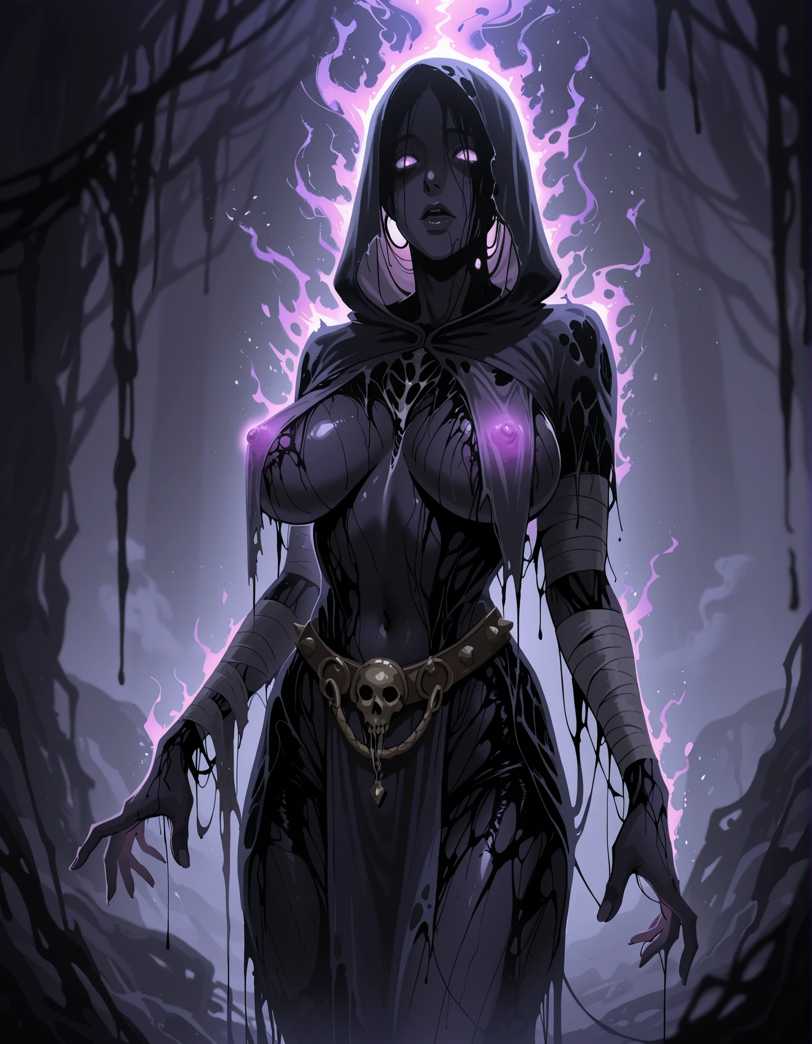90's Anime, Dark Horror, Quality_masterpiece, Absurd res, score_9, score_8_up, (masterpiece), source_Anime, rate_Safe, ultra high quality, ultra detailed, pretty face, expressive eyes, hoop rings, small stature, Magma Genasi skin, white, big apart breasts, reduced wear, golden bands, ((wearing rags)), wicked, dark, mad, tribalistic, breast curtains, huge hanging breasts, waist curtain, skull belt, perky breasts, (shredded bandages), body bandages, creepy, horrifying, ((dynamic pose)), zombie, open wounds, (decayed skin), rotten flesh, undead, volumetric lighting, , depth of field, detailed background, mad look, demonic, dark arts, hkhorror, demonic, Bondage, aburdres, ((heavy fog)), cowboy shot, (Swampy fields), aura,telekenesis, bioluminescence, bioluminescence skin , Glowing skin, (((bioluminescence body_skin))), ((Glowing body_skin)), PURPLE aura, rotting, ((decay flesh)), (decayed flesh), ((open wounds)), ((rotting flesh)), ((Glowing bioluminescence SKIN:1.1)), GLOWING NIPPLES, (GLOWING:1.1), (PURPLE GLOW), background