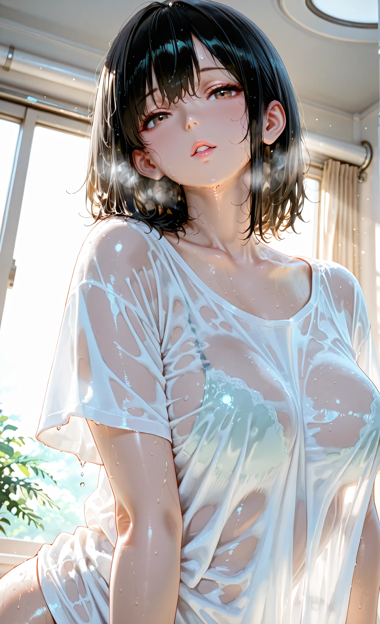 Cute girl . so cute , Round Face . Solitary , Slim ,  Short stature . Glowing skin . Pure white tube top T-shirt . shorts . Dynamic poses . Dynamic Angle . No background , White background , Looking at the audience修长性感的双腿， Put your hands behind your head((Clear nipples))、Rocket , (Large Breasts),（because I&#39;Thin） , 身材Short stature . Smooth skin . Plain white T-shirt .  . Dynamic poses . Dynamic Angle . No background , White background , Looking at the audience

