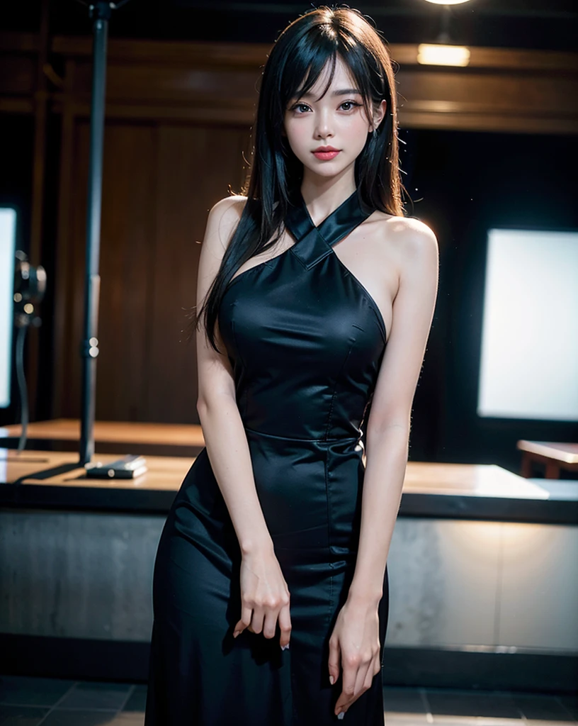 masterpiece, absurdres, best quality, extremely detailed eyes and face, natural skin texture, detailed skin, sharp focus, intricate details, BREAK (perfect fingers, perfect hands), BREAK beautiful woman, 30-year-old, black eyes, black long hair, (medium breasts:1.3), (flat chest:1.2), (wide hips:1.3), (One-shoulder dress:1.3), (long dress:1.3) , (full body:1.2), (light smile:1.2)