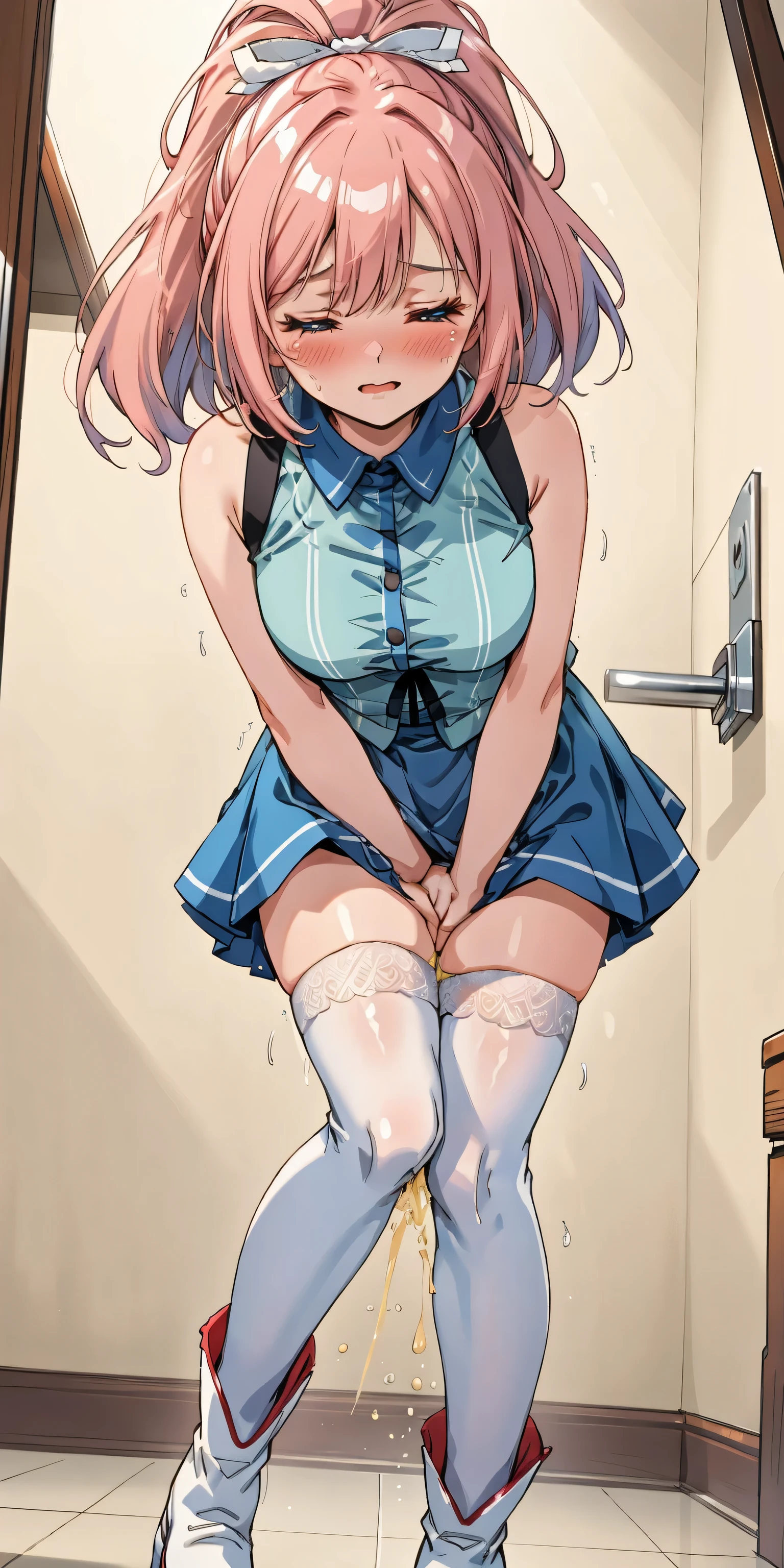 (8K, ultra-detailed, best quality, anatomically perfect body:1.5), (small breast:1.2), shiny skin, (1 girl), (have to pee:1.1), (urge to pee:1.3), (peeing self:0.8), (pp clothes:0.7), (very desperate to pee:1.3), (takes to front of the bathroom door), (waiting for bathroom with line), (squatting), (Each one has a different blouse), (Each one has a different maxi pinafore dress:1.4), pantyhose, petticoat, (Each one has a different footwear:1.1), (Each one has a different hairstyle), (knees together and feet apart:1.4), (Rub each other's knees:1.2), (leaning forward:1.3), (hand between legs), (holding the crotch:1.5), (orgasm:1.5), (blush:1.5), (embarrassment:1.4), (impatience:1.3), (flustered:1.2), (fidgeting around:1.5), flowing sweat, (erotic waist twist:1.3), (panting), (breathless:1.4), (Erotic feelings), (close eyes, closed mouth:0.8), (orgasm), looking away, low_angle_human, from side, (upskirt:1.5), full body, nsfw, 
