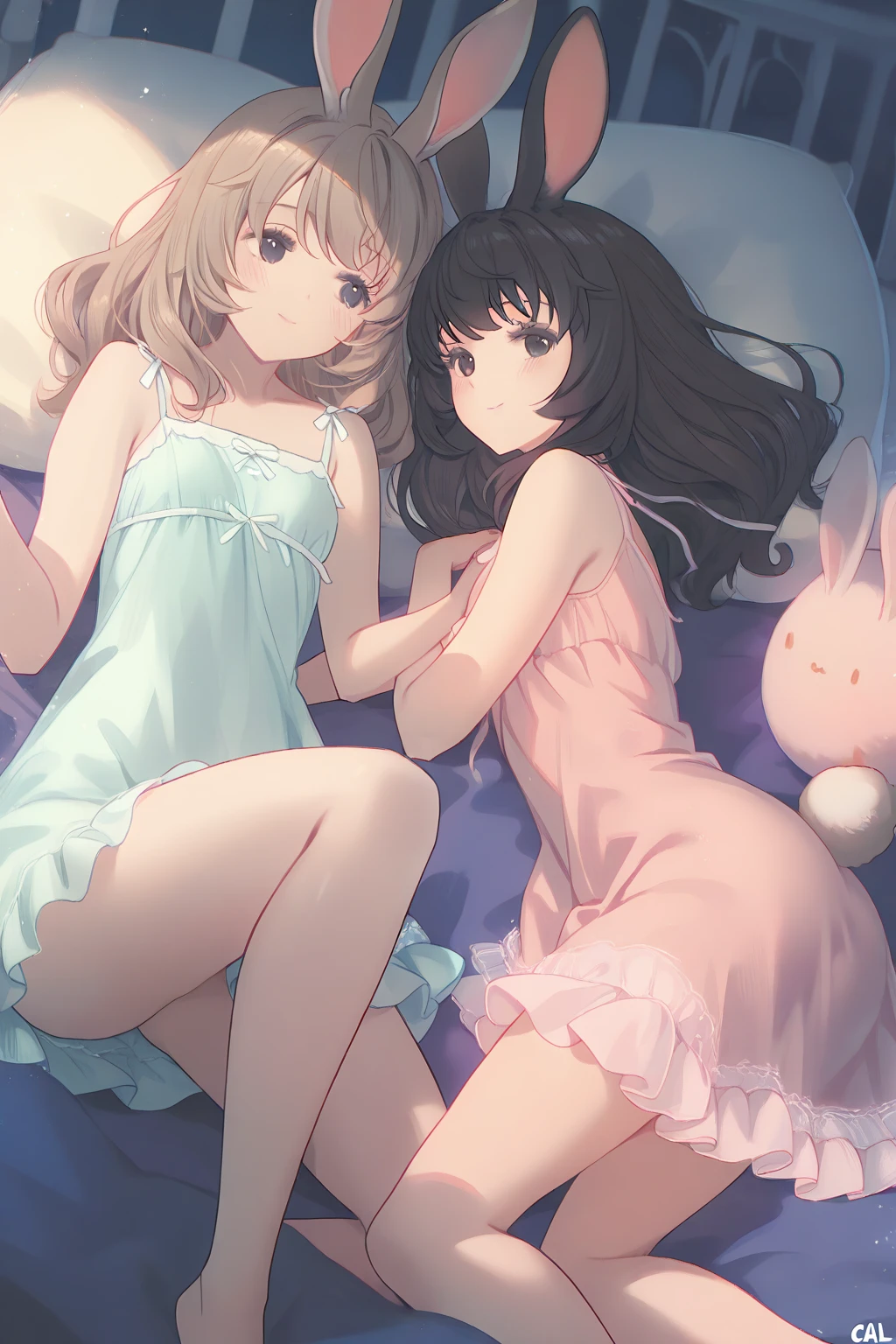 Lying down　Two Girls　cute　On the bed　Blonde and brunette　