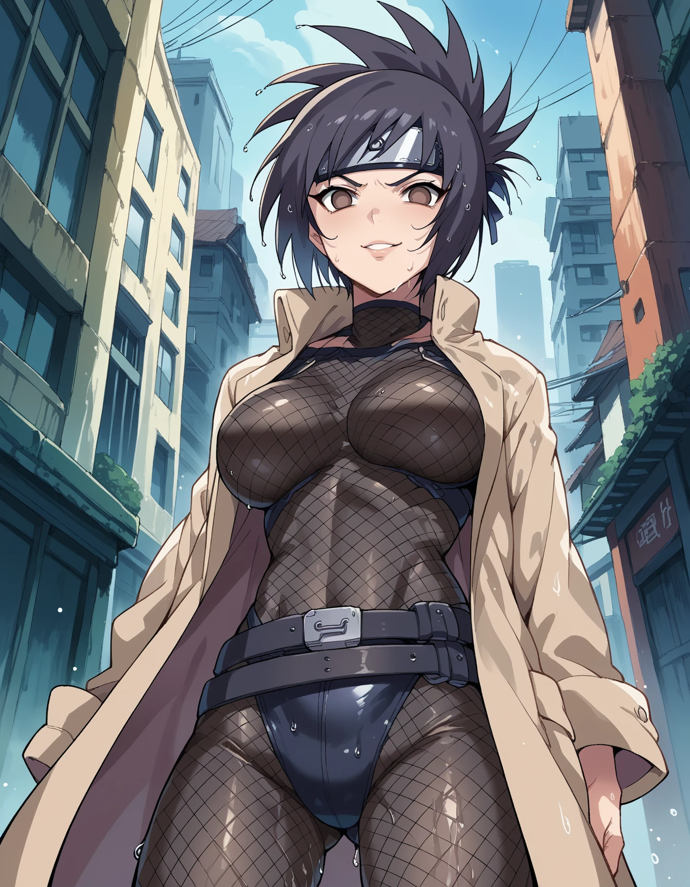 <lora:AnkoMitarashi:0.6>, AnkoMitarashi, big_breasts, AnkoCoat, AnkoFishnet, microskirt