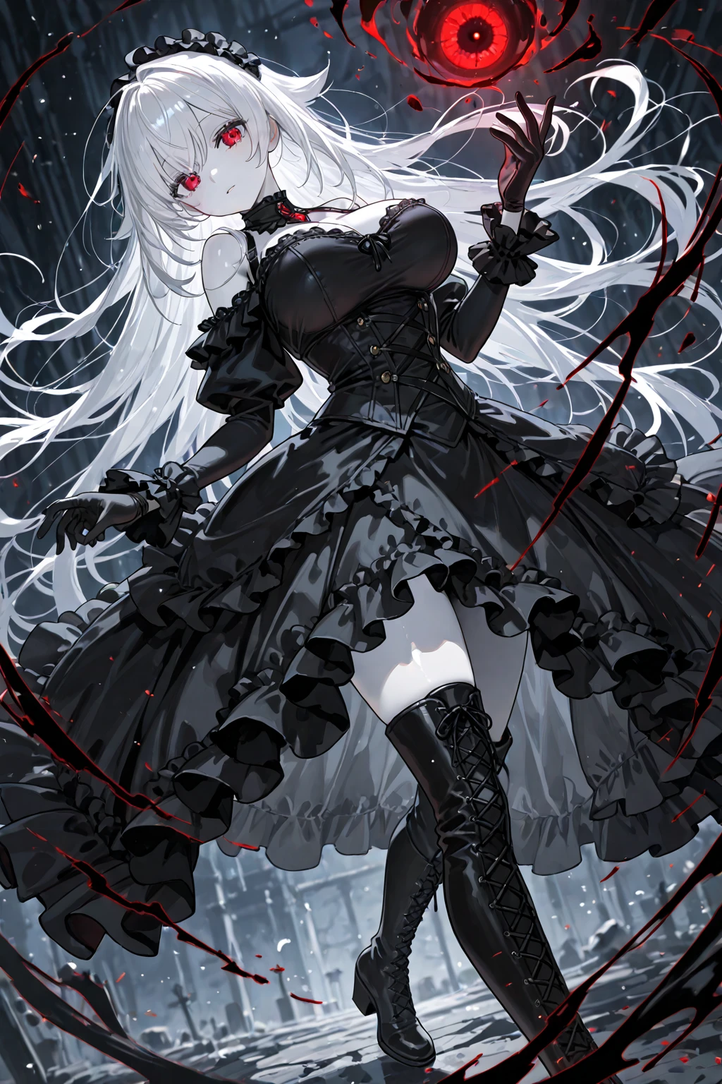 (masterpiece, best quality, detailed, vibrant colors, dimly lit, rim lighting), esoteric, (occult, gothic), eerie, (solo), full body, (elven girl), robot, bionic arms, (bionic legs), skimpy clothes, long dress, (lo dress), black frilly drapes, in front of a window <lora:lo_dress_gothic_style2_v2:0.7>