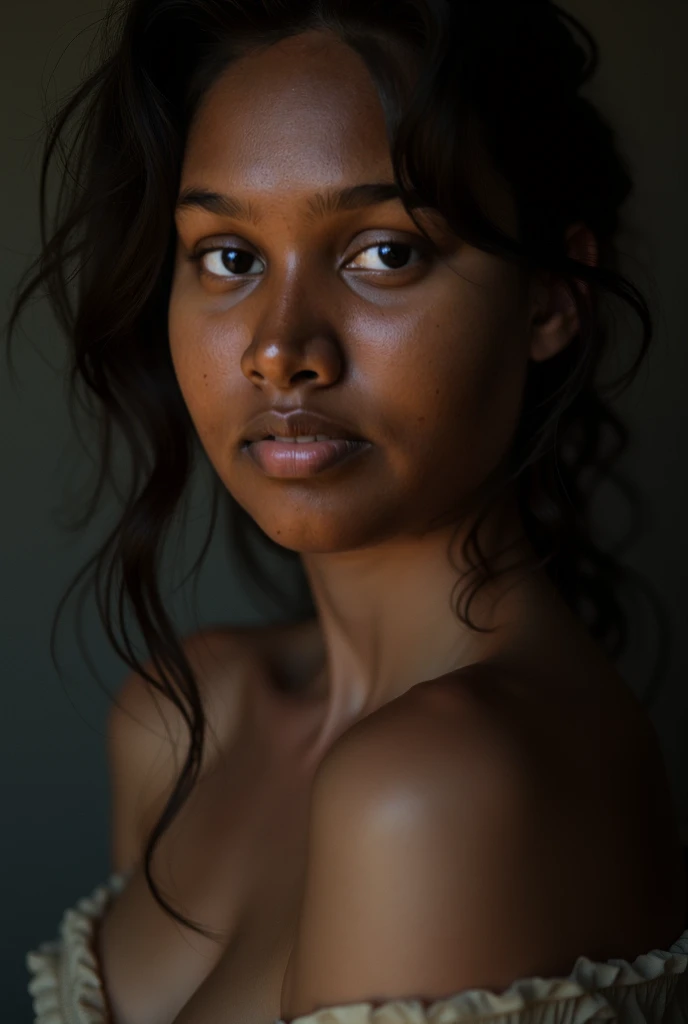 A beautiful detailed black female, naked, in an abandoned house, photorealistic, highly detailed face with beautiful eyes, nose and lips, extremely detailed skin texture, dramatic lighting, moody atmosphere, gritty, grunge, cinematic, dark shadows, natural skin tones, volumetric lighting, ambient occlusion, glossy skin, best quality, 8k, masterpiece, hyper realistic, cinematic composition, dramatic lighting, natural skin tones, chiaroscuro, moody, gritty, grunge