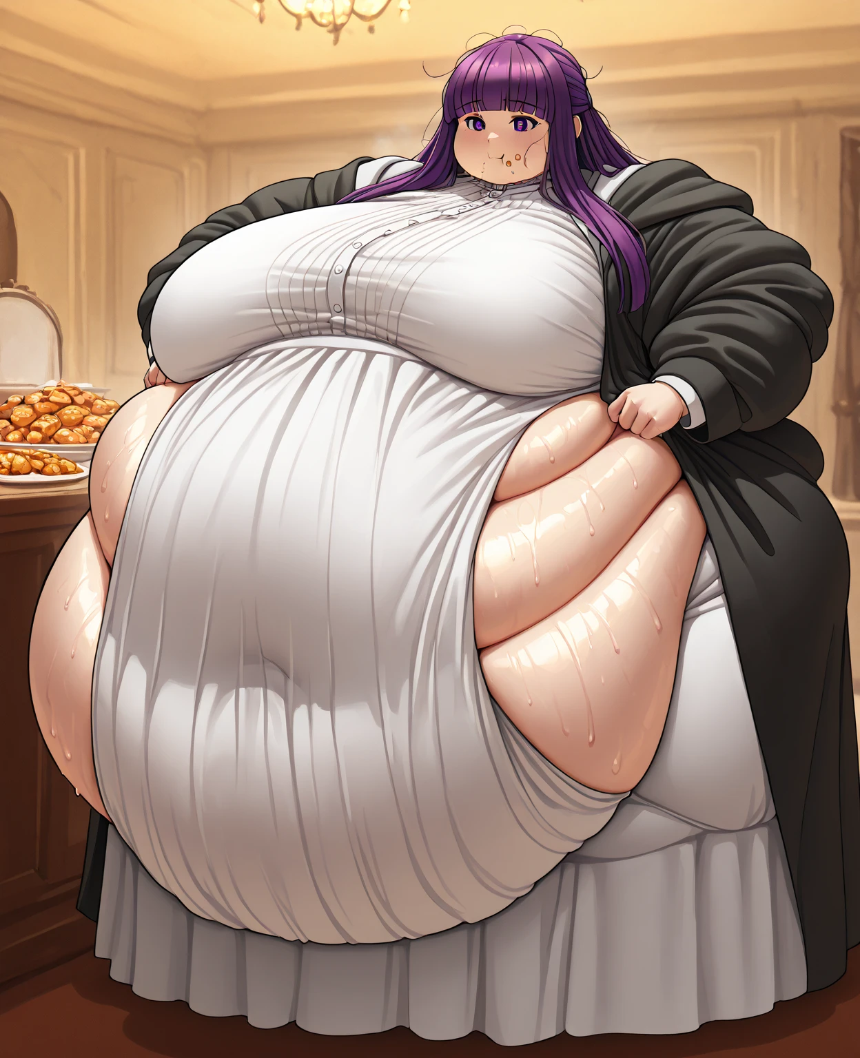 Fern, , fat, large belly, standing, grabbing belly, very fat, large stomach, chubby (best quality, masterpiece), fat belly, at, large belly, standing, grabbing belly, very fat, large stomach, chubby (best quality, masterpiece), grabbing belly, sitting down, table with of food, eating cream
