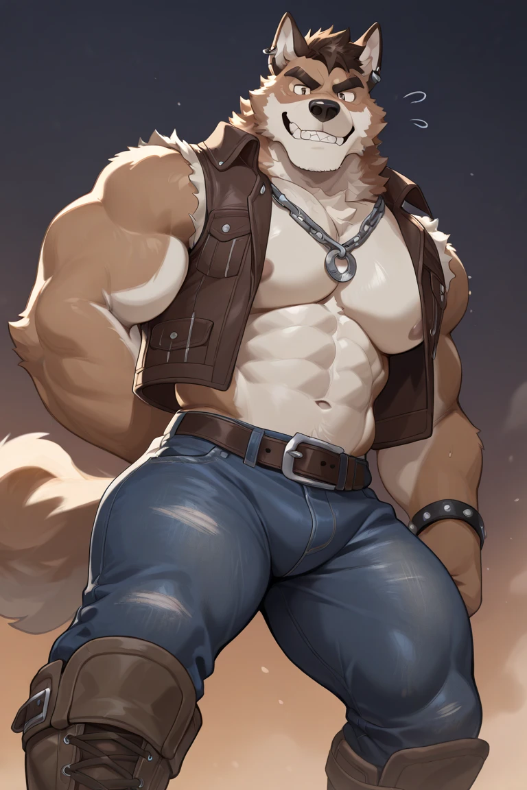 Death Wolf,Werewolf,male,aldult,Solitary,4K,Best quality,Looking at the audience,Slim body,Upper body exposed,Bare chest,Chest muscles,Pink nipples, Six-pack abs, Biceps, Anatomically correct,Delicate fur,pride,Soft shadows,Majestic,Detailed face,High quality eyes,red eyes,eyes shining,Sharp eyes,Grandiose,brave,black leather shorts,Black harness,karate,Confident smile,Strong,Mature,seaside,Blue sky and white clouds,The sun shines