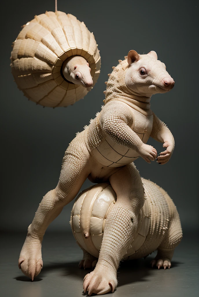 A blue armadillo and a yellow armadillo are playing