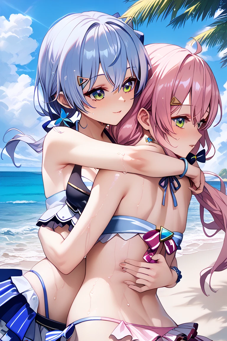 masterpiece, highest quality, Super detailed, sharp, Beautiful woman with perfect figure:1.4, , Realistic texture，highest quality, hd, 4k, Ultra-high resolution, Extreme Detail, Very detailed，Perfect five-fingered hand，Perfect Arms，Perfect legs，Perfect Face，Beach，Massive ejaculation on pussy，Shooting from the side，looking at the camera，girl２people，((girl:Rem，Light blue hair，Shortcuts，Medium breast，Completely naked)，(girl:Rem，Pink Hair，Shortcutedium breast)，Group Sex，Blowjob，，(口とプッシーに????挿入)，口とMassive ejaculation on pussy，Massive ejaculation on the body，Massive  on the face, ,Beautiful Eyes, Beautiful Hair, Beautiful side, Beautiful Skin,, pupils shine, ，Completely naked , stand, ,Ahegao,Feels good，?????， blush, Climax, Trembling,)，male２people，????，penialeとgirlがセックス，maleの????をgirlが咥える，heart，