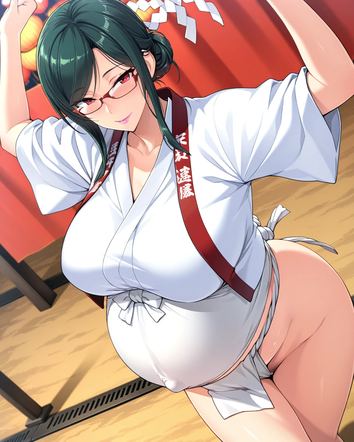 (( 1girl in)), (NSFW)、blush,black colored hair、Parted bangs、a purple eye,Japanese-style room at night、((large full breasts))、big butts、((thick thighs))、Sweat、((glares))、Surprised、(Long side hair)、Short hair、spreading legs、(White panty)、Dark purple kimono、red scarf、Armpits、