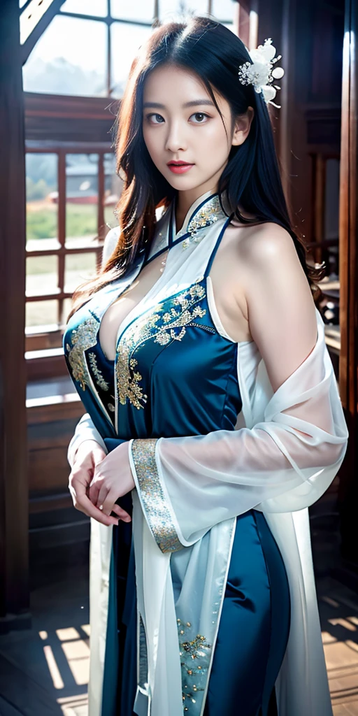((NSFW:1.3)), (8K, Best Quality:1.2), Warm smile, Seductive smile, (masutepiece:1.37), (Photo, Photorealistic:1.37), (Super high resilience body, Walking Pose, shot from front, ((Beautiful 30 years old Asian goddes))、A MILF、Beautiful women with sex appeal、A bewitching MILF、Sex appeal is amazing、in an obscene manner、Solo、looks like the queen of sweden、wearing blue and black a richly decorated veil、Wear it with voluminous full-length pieces embellished with embroidery and jewels.、wears gorgeous shiny jewelry、She wears a luxurious tiara that shines like a jewel, ((Pubic hair:1.2)), With a bewitching smile、Open the crotch、Showing cleavage, Looking at Viewer, (a temple background:1.2), arms crossed over the chest Photographed by Canan EOS R6, 135 mm, 1/1/2.8, ISO 400
