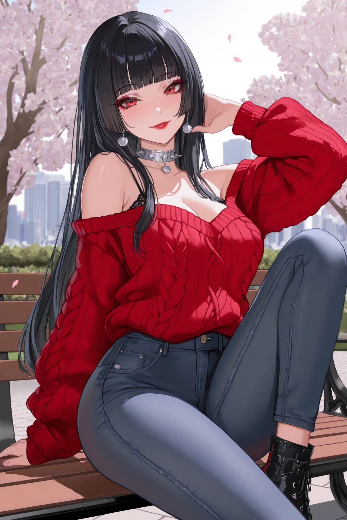 best quality, masterpiece, highres, bbyorf, long hair, white hairband, red eyes, gold earrings, large breasts, jewelry, off shoulder, red sweater, sweater dress, long sleeves, black pantyhose, <lora:yor_forger_v1:0.8>, (dress lift:1.3), panties under pantyhose, sitting, bench, embarrassed, blush, outdoors, <lora:add_detail:1>