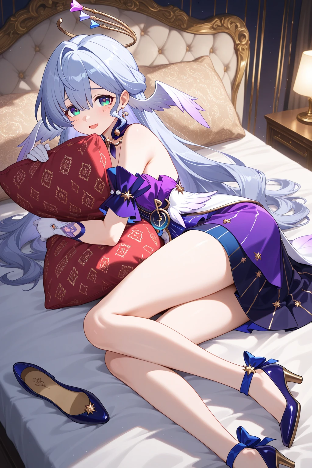 1girl, keqing \(opulent splendor\) \(genshin impact\), genshin impact,bedroom,lying on a bed, bondage,gaged,ballgag,rope,hand behind back,masterpiece,very aesthetic,newest,