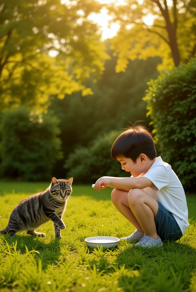 A boy and a grown kitten are playing in the garden in the bright summer sunshine. a happy scene